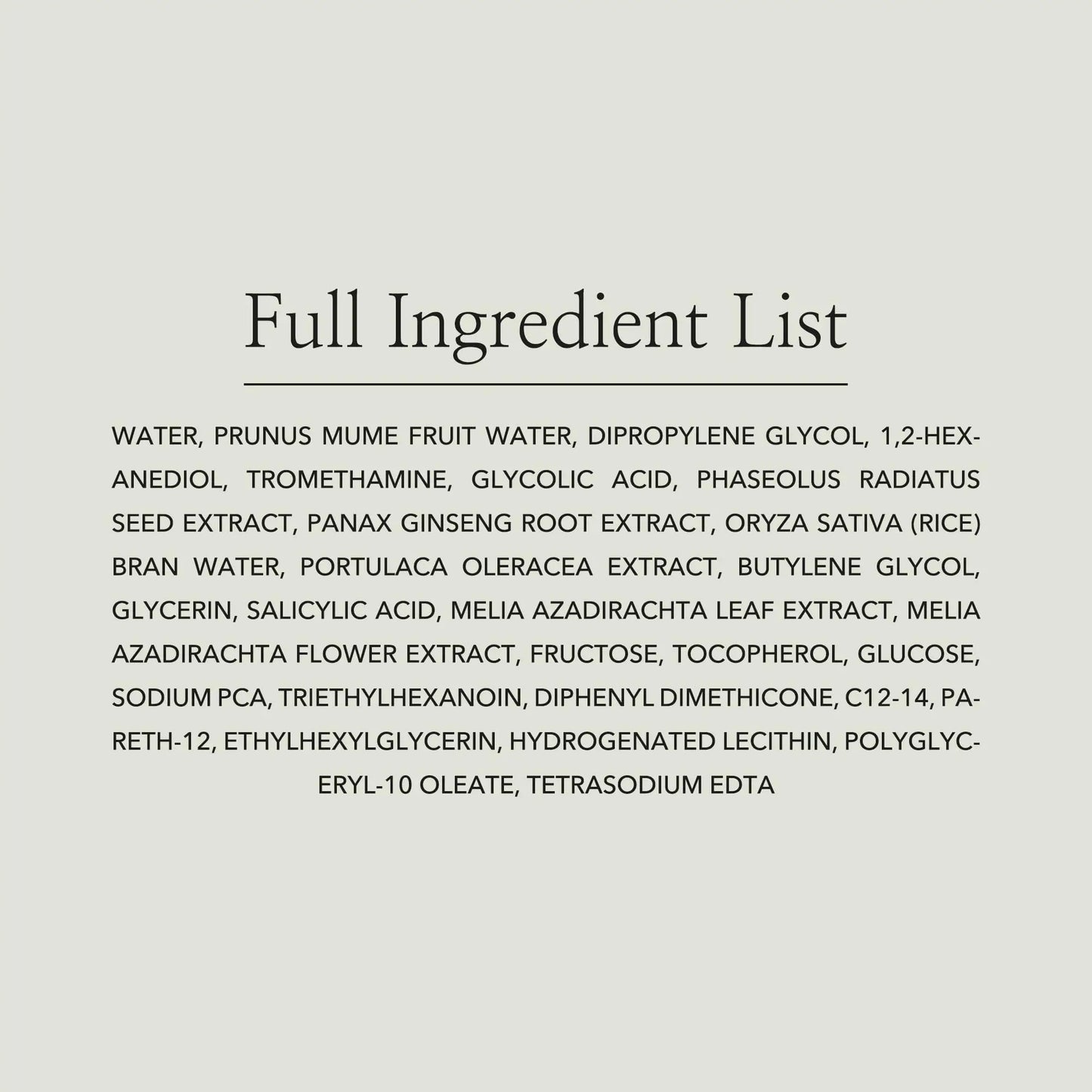 Full ingredient list for Beauty of Joseon Green Plum Refreshing Toner AHA BHA 150ml including water, prunus mume fruit water, glycolic acid, salicylic acid, panax ginseng root extract, rice bran water, melia azadirachta leaf extract, fructose, tocopherol, and other natural extracts and moisturizing agents.