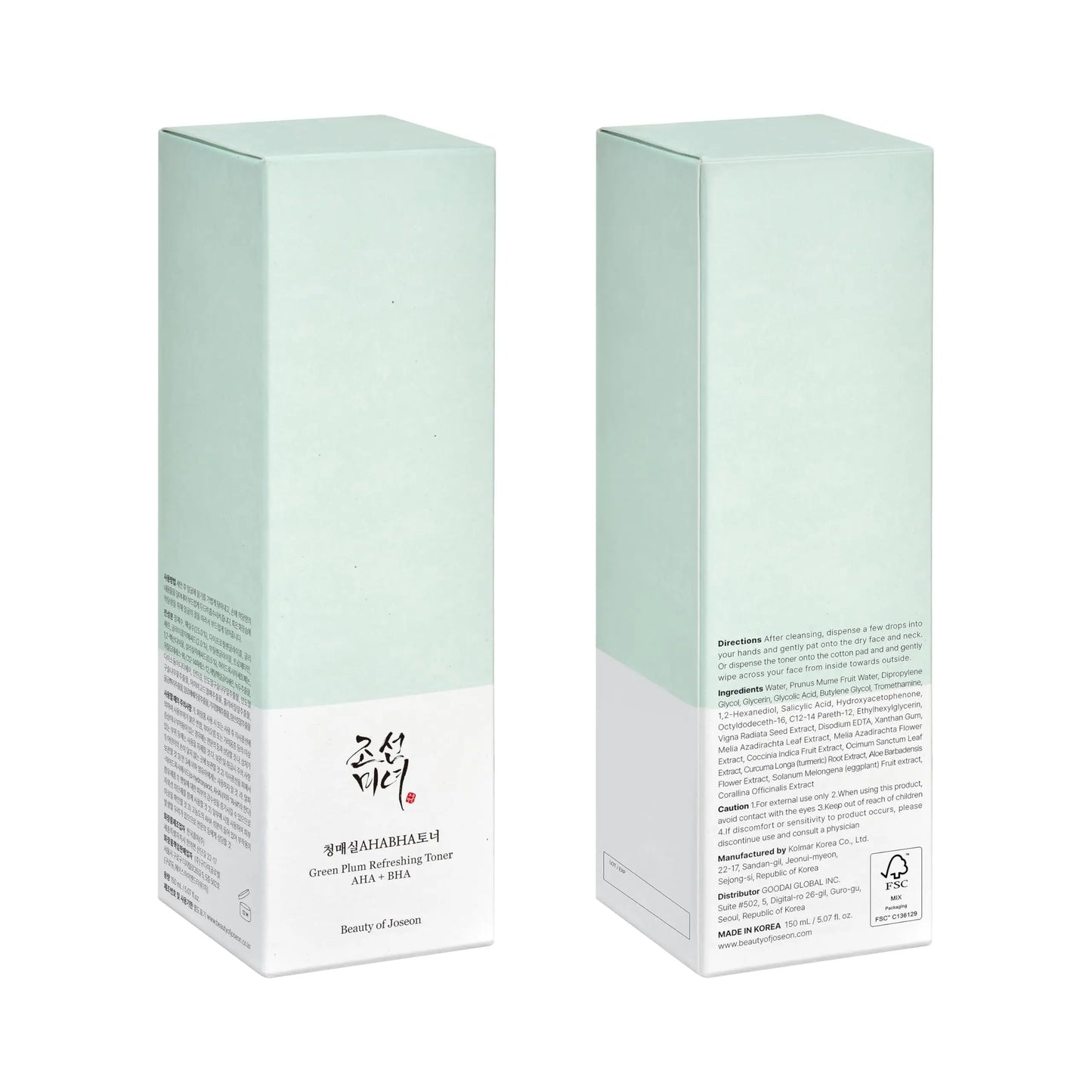 Beauty of Joseon Green Plum Refreshing Toner AHA BHA 150ml packaging showing front and back with product information and ingredients details on a light green and white box.