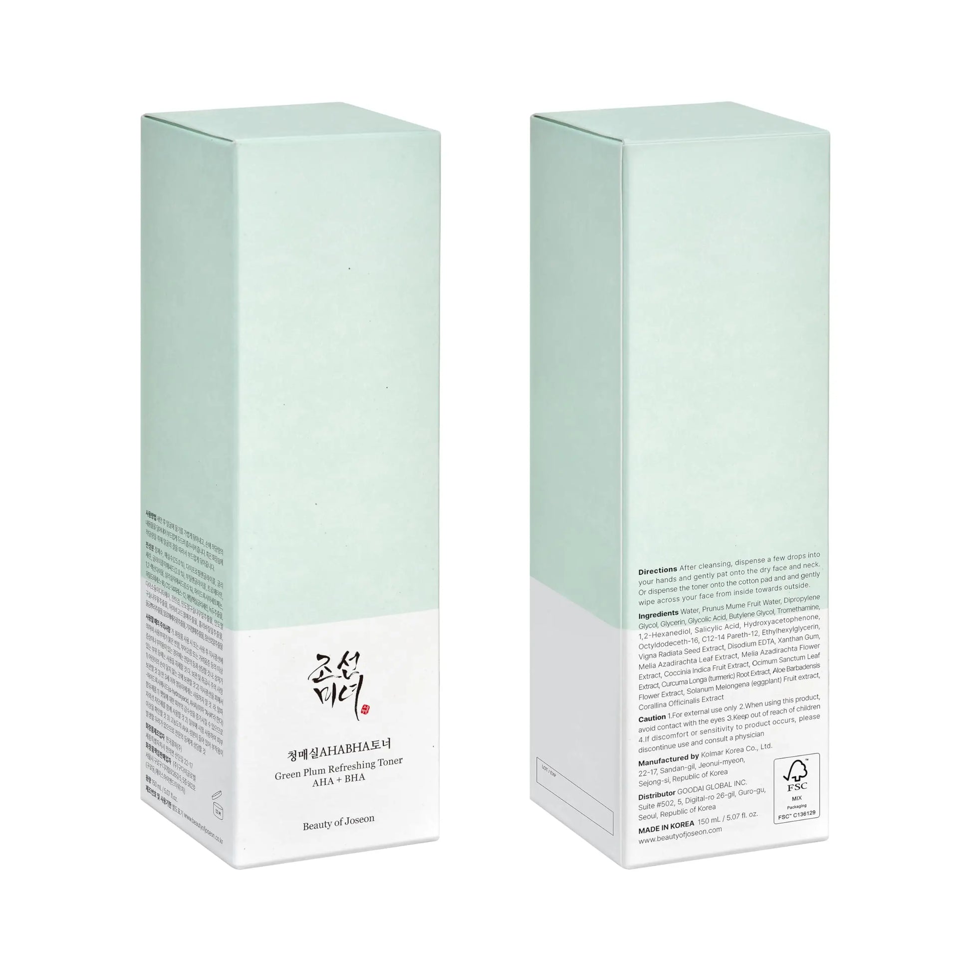 Beauty of Joseon Green Plum Refreshing Toner AHA BHA 150ml packaging showing front and back with product information and ingredients details on a light green and white box.