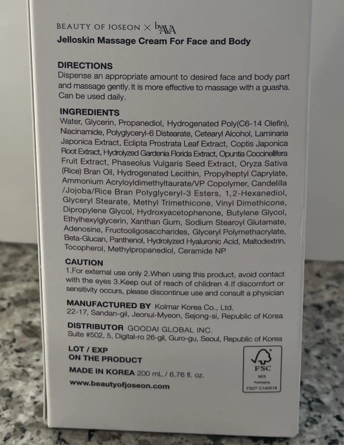 Packaging of Beauty of Joseon Jelloskin Massage Cream for Face and Body 200ml displaying directions, ingredients, caution, manufacturer, distributor, and origin details on a white box background.