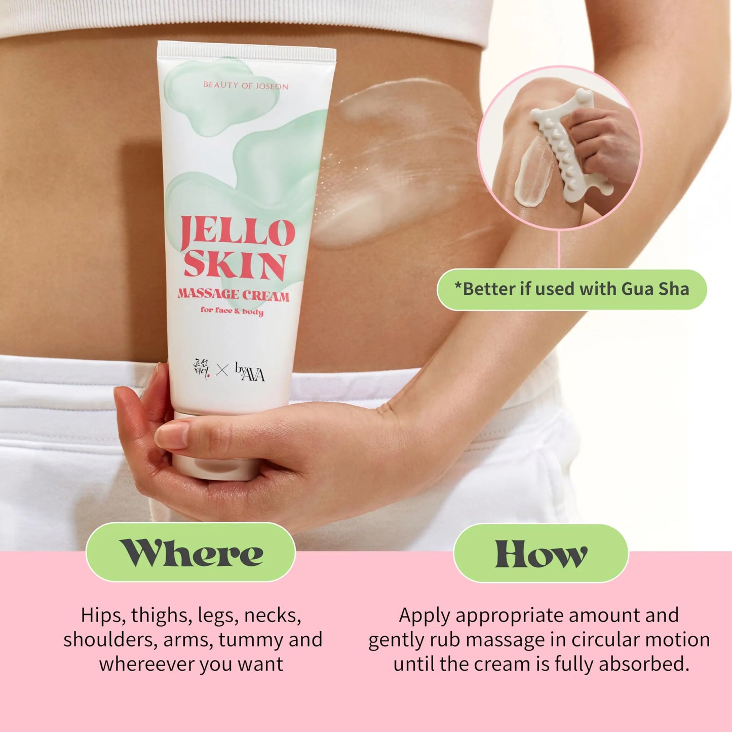 Beauty of Joseon Jelloskin Massage Cream for Face and Body 200ml held against a bare stomach with skin cream applied and gua sha massage tool demonstrated for use on hips, thighs, arms, and shoulders with usage instructions.