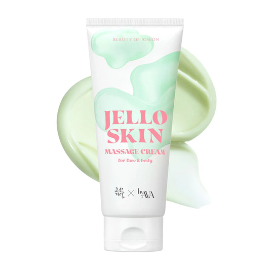 Beauty of Joseon Jelloskin Massage Cream for Face and Body 200ml in a white tube with pastel green jelly-like design and pink text on a white background.