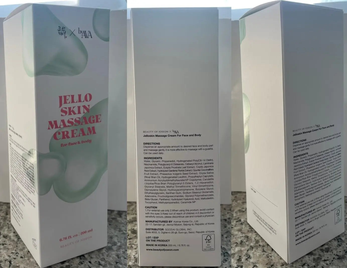 Packaging of Beauty of Joseon Jelloskin Massage Cream for Face and Body 200ml showing product name, directions, ingredients, and caution details on a white box with green accents.