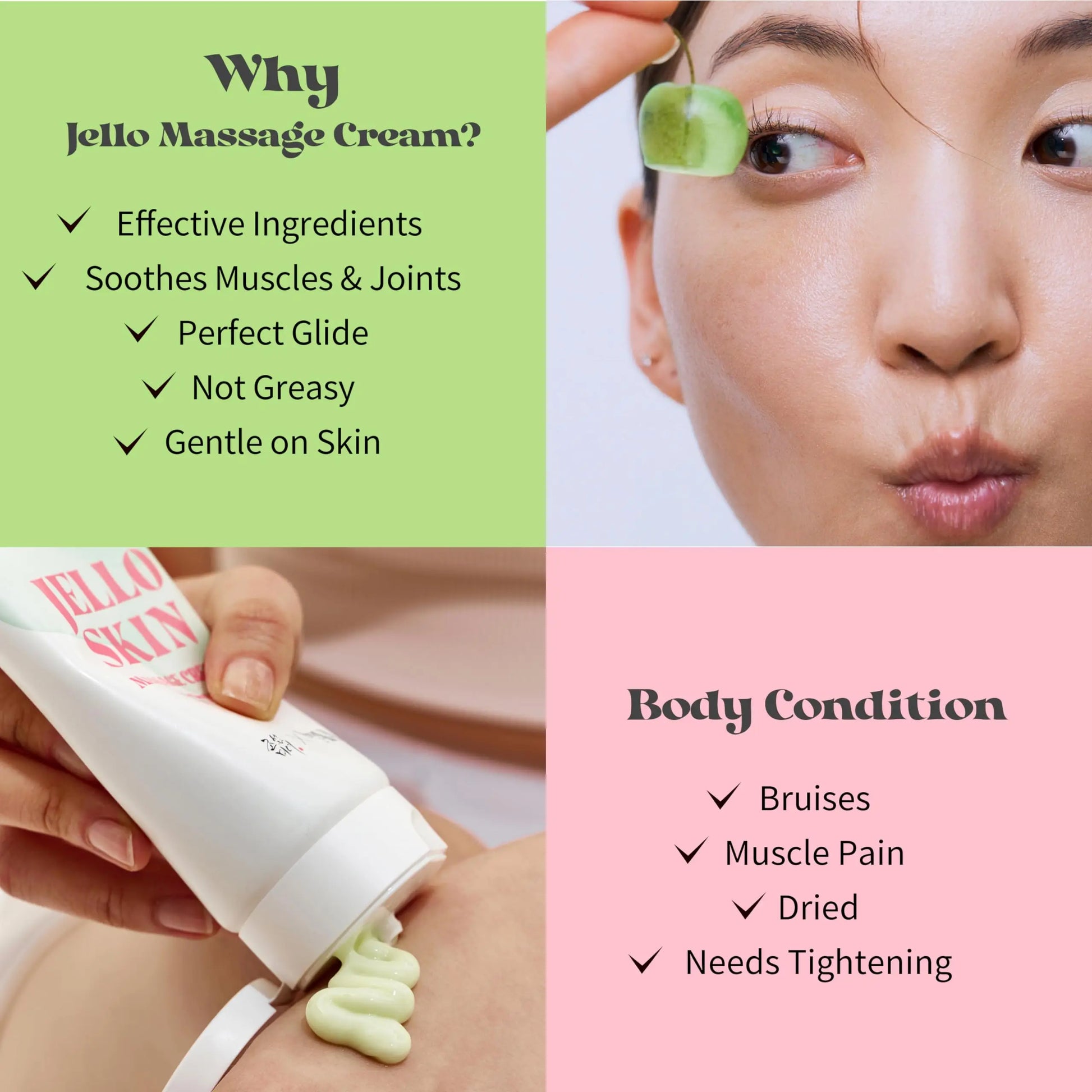 Image showing benefits and uses of Beauty of Joseon Jelloskin Massage Cream for Face and Body 200ml, highlighting effective ingredients, soothing muscles and joints, perfect glide, not greasy, gentle on skin, for bruises, muscle pain, dryness, and tightening needs with close-up of woman massaging face and cream being squeezed onto skin.
