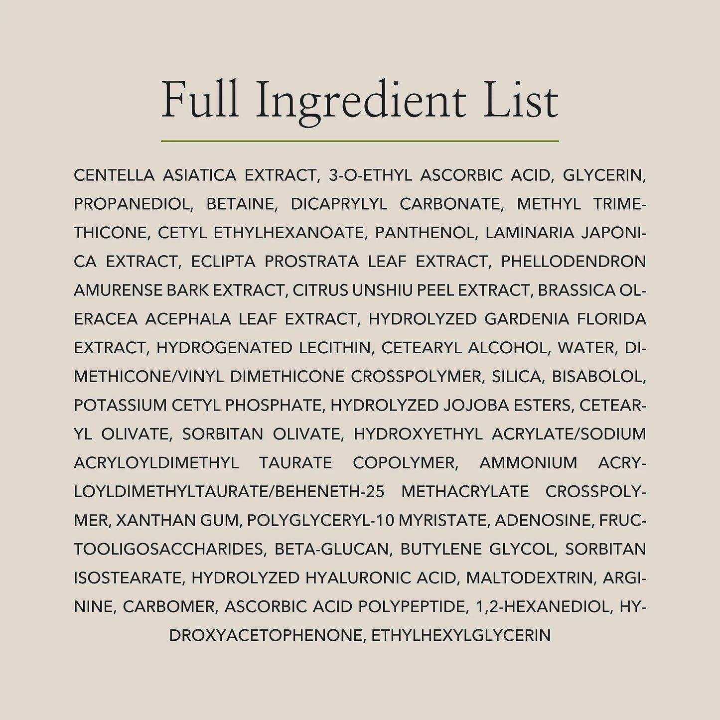 Full ingredient list for Beauty of Joseon Light On Serum Centella + Vitamin C 30ml including Centella Asiatica Extract, 3-O-Ethyl Ascorbic Acid, Glycerin, Panthenol, and Citrus Unshiu Peel Extract.