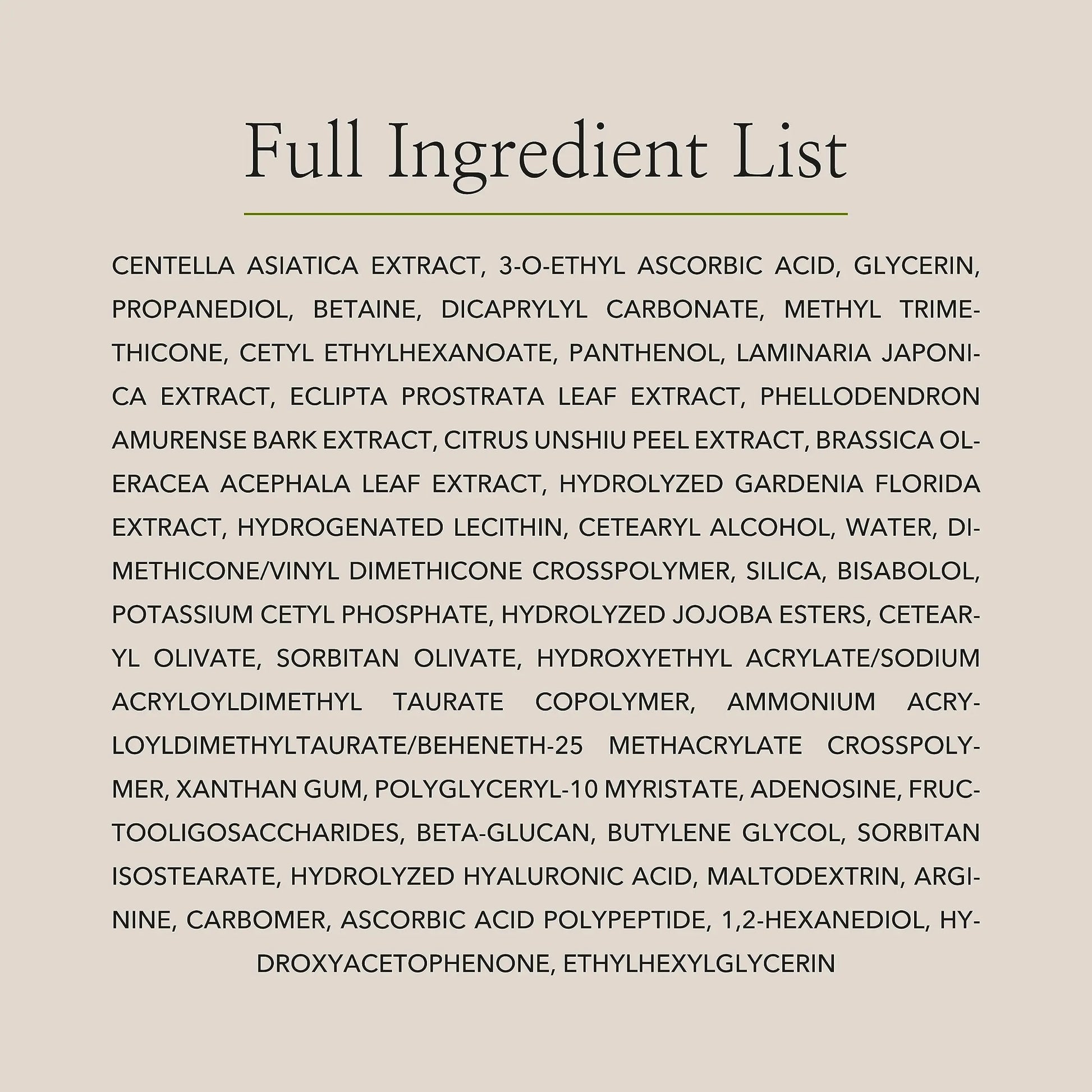 Full ingredient list for Beauty of Joseon Light On Serum Centella + Vitamin C 30ml including Centella Asiatica Extract, 3-O-Ethyl Ascorbic Acid, Glycerin, Panthenol, and Citrus Unshiu Peel Extract.