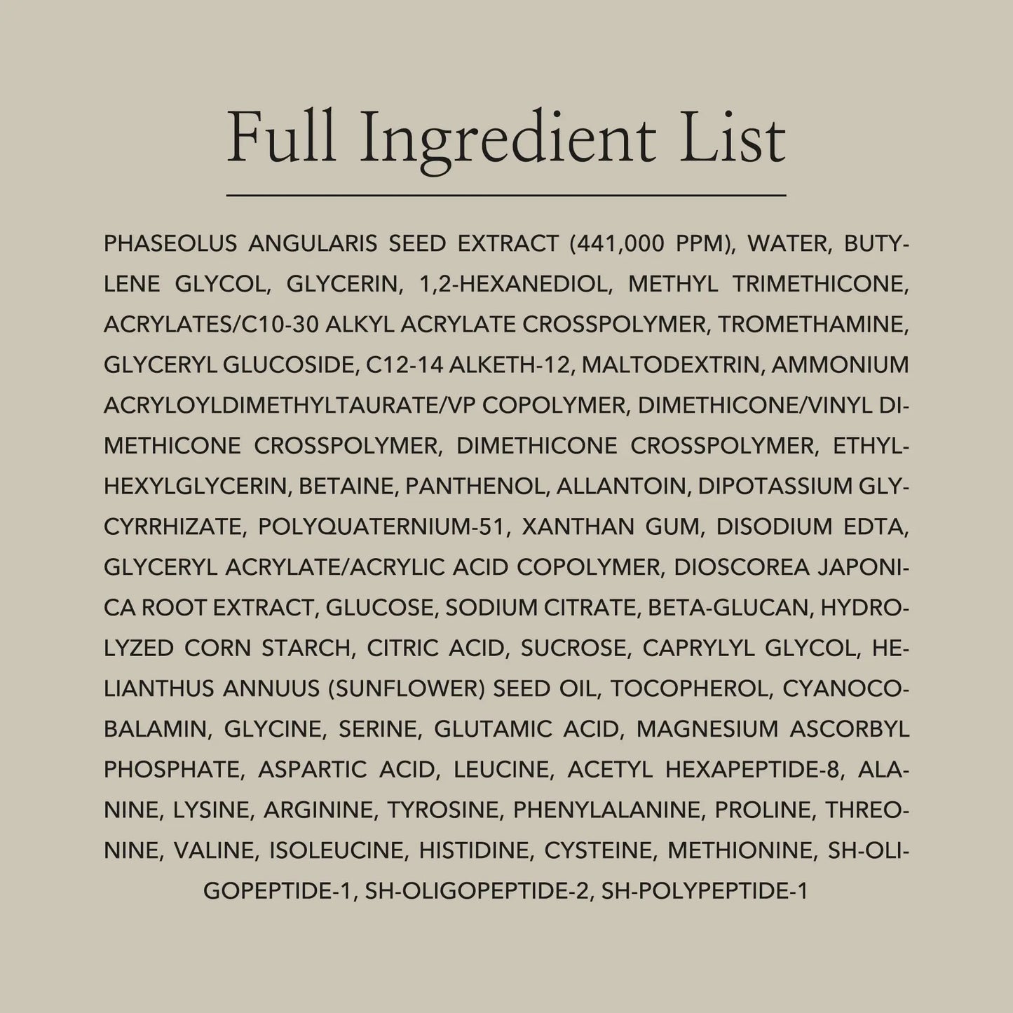 Full ingredient list for Beauty of Joseon Red Bean Water Gel 100ml including Phaseolus Angularis Seed Extract, water, glycerin, panthenol, allantoin, beta-glucan, tocopherol, and various peptides for skin hydration and nourishment.