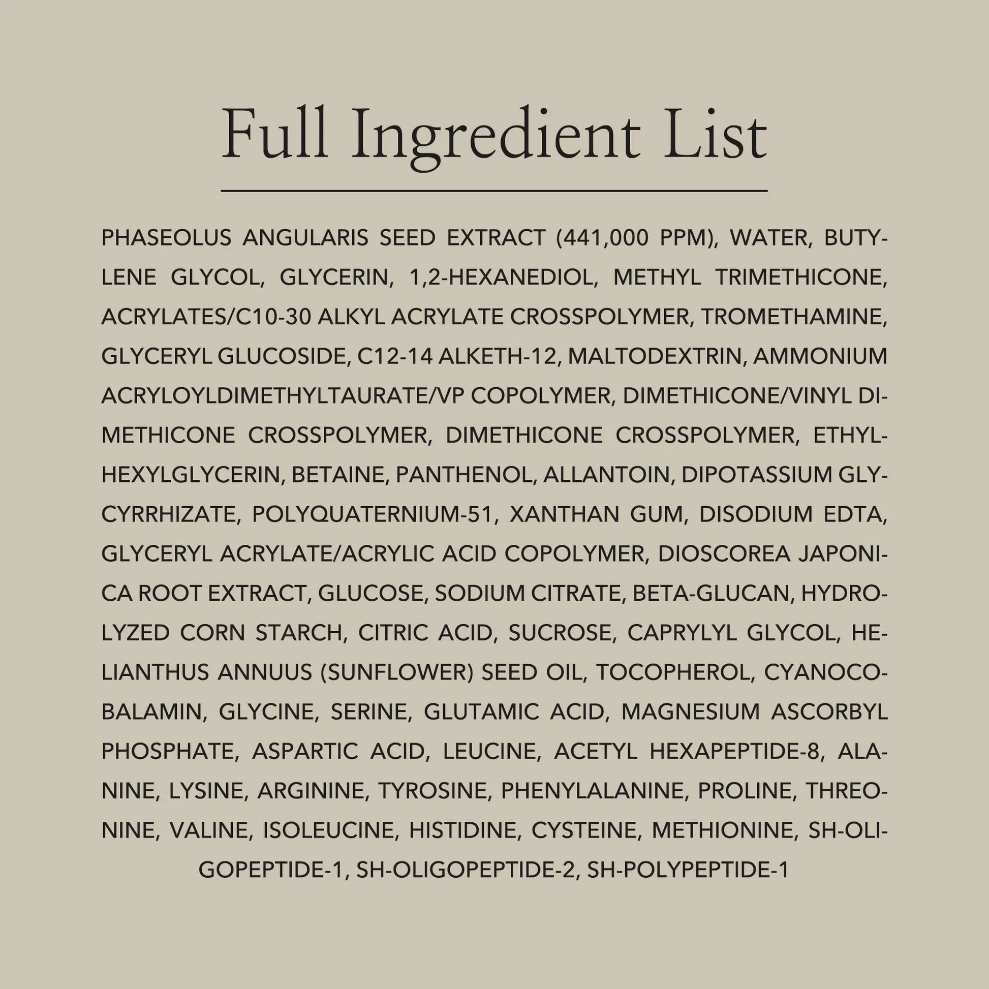 Full ingredient list for Beauty of Joseon Red Bean Water Gel 100ml including Phaseolus Angularis Seed Extract, water, glycerin, panthenol, allantoin, beta-glucan, tocopherol, and various peptides for skin hydration and nourishment.