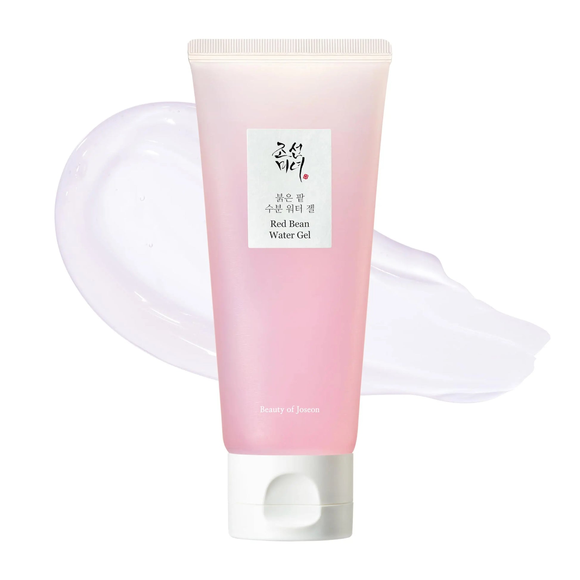 Beauty of Joseon Red Bean Water Gel 100ml in a gradient pink tube with white cap, shown with a smooth, translucent gel texture in the background.