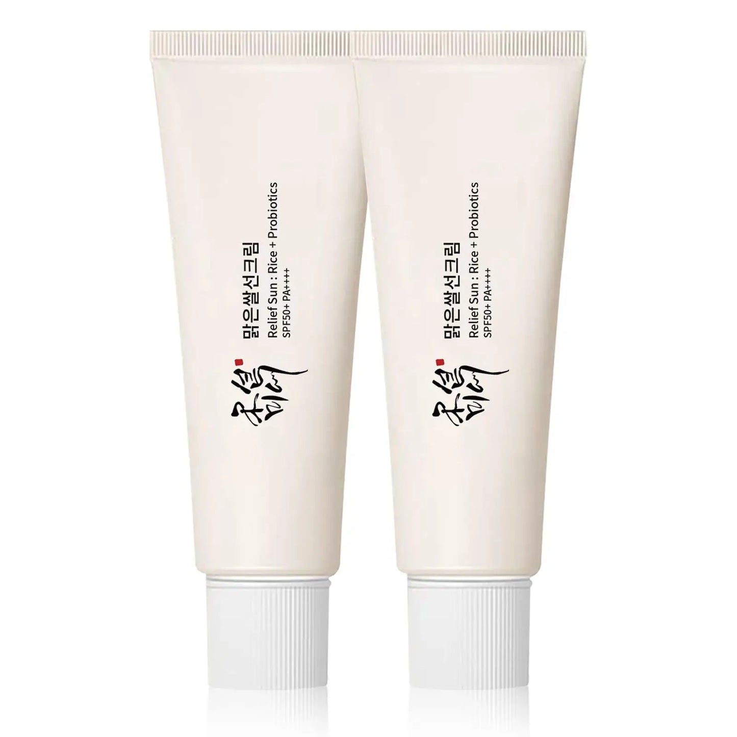 Two tubes of Beauty of Joseon Relief Sun : Rice + Probiotics 50ml (2pcs) sunscreen with simple white packaging and Korean text.
