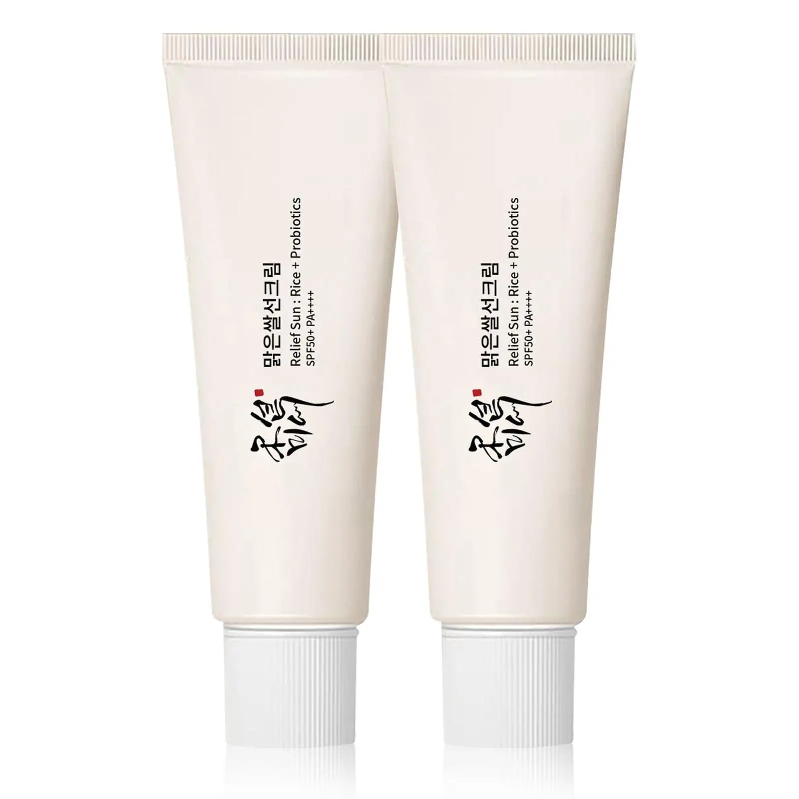 Two tubes of Beauty of Joseon Relief Sun : Rice + Probiotics 50ml (2pcs) sunscreen with simple white packaging and Korean text.