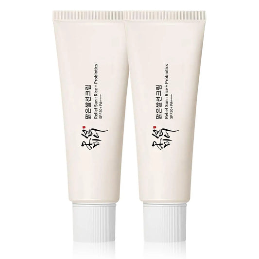 Two tubes of Beauty of Joseon Relief Sun : Rice + Probiotics 50ml (2pcs) sunscreen with simple white packaging and Korean text.