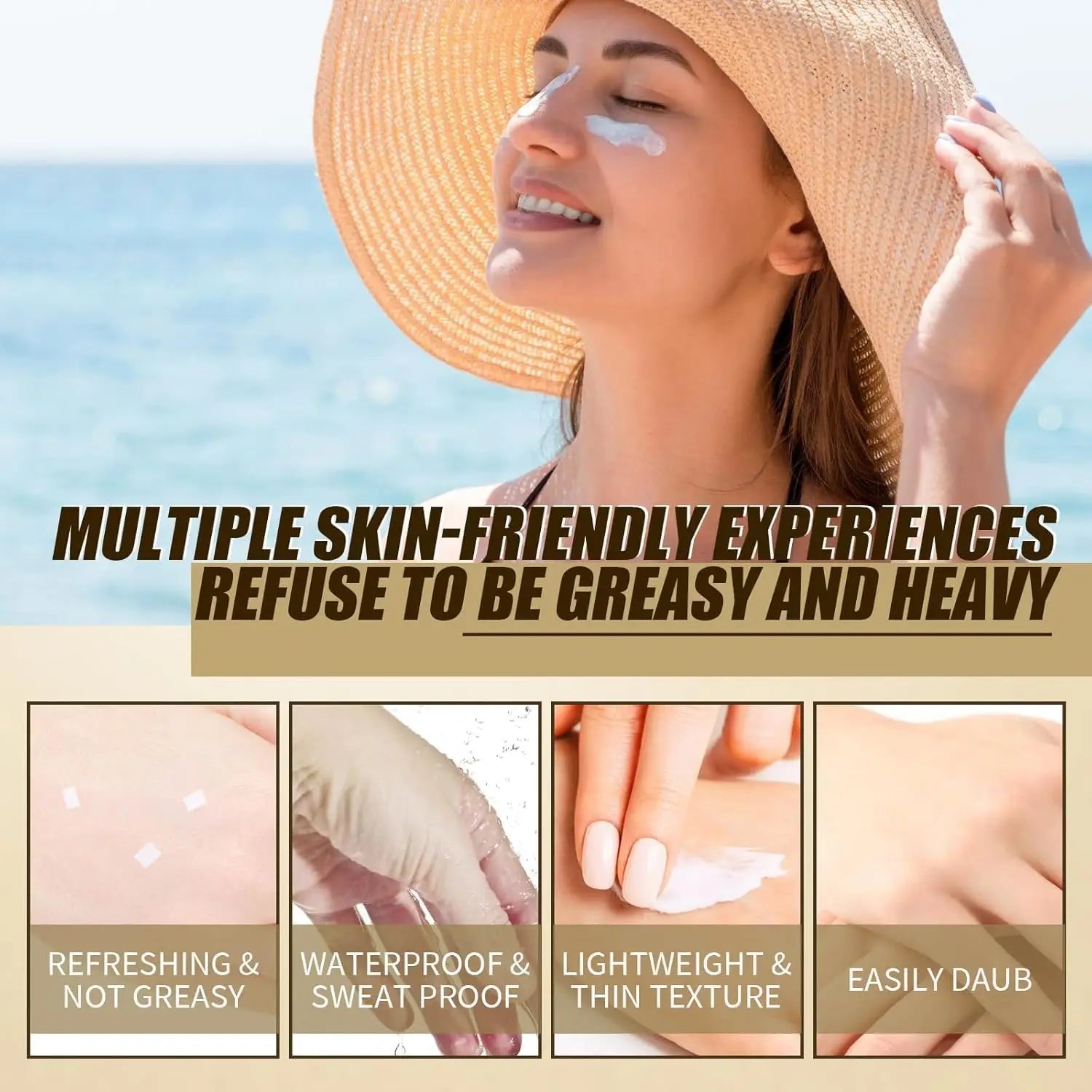 Woman wearing a wide-brimmed hat applies Beauty of Joseon Relief Sun : Rice + Probiotics 50ml (2pcs) sunscreen on her cheek, smiling by the seaside with overlays showing product benefits like refreshing, waterproof, lightweight, and easy application.