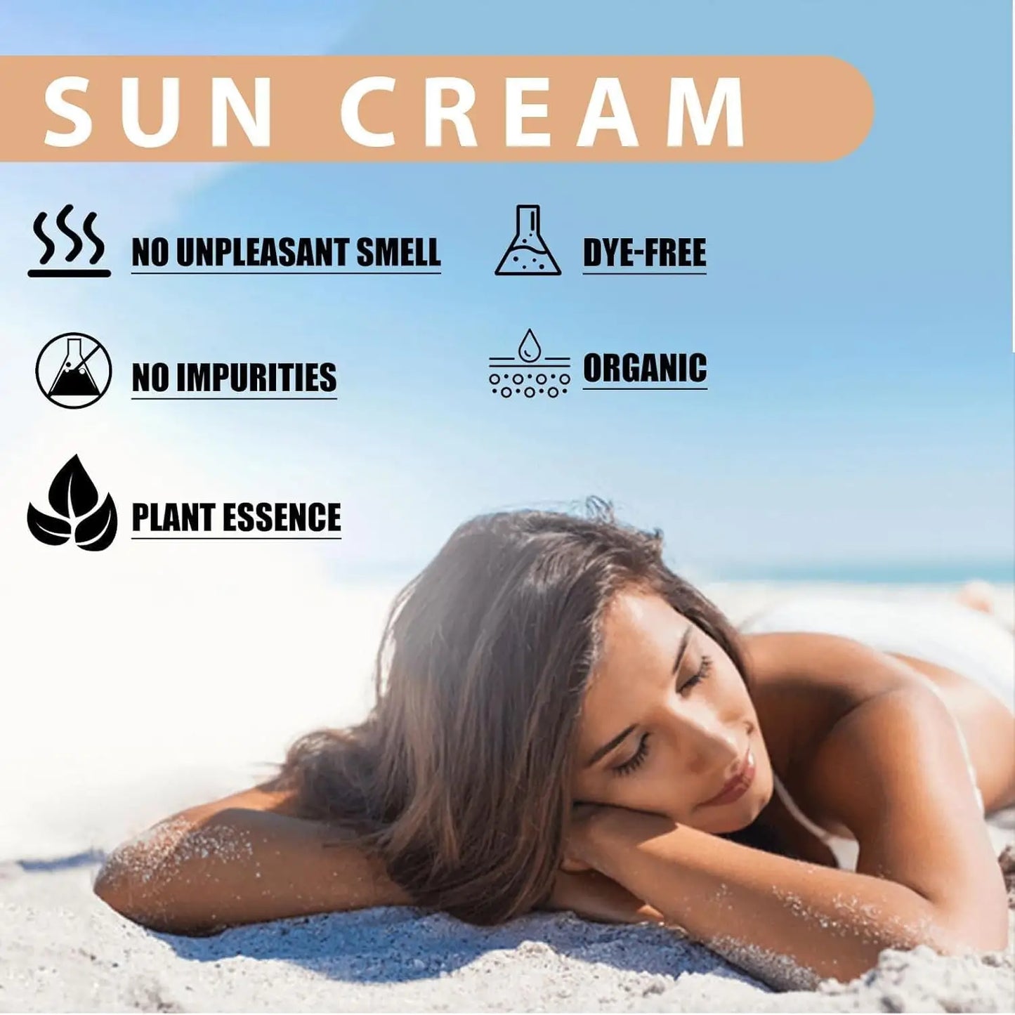 A woman relaxing on a sandy beach under clear blue sky with text highlighting sun cream benefits including no unpleasant smell, no impurities, plant essence, dye-free, and organic for Beauty of Joseon Relief Sun : Rice + Probiotics 50ml (2pcs).
