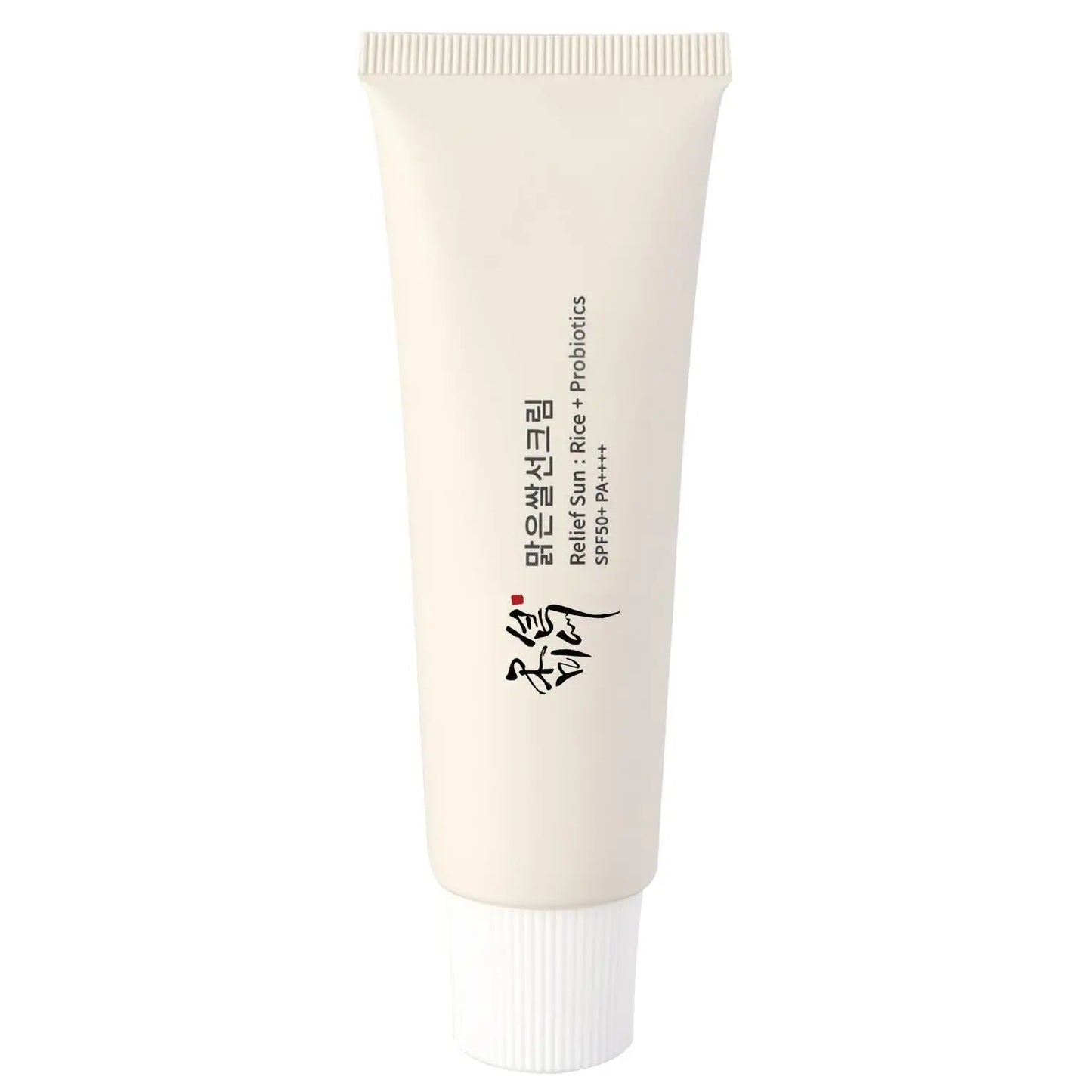 Beauty of Joseon Relief Sun : Rice + Probiotics 50ml sunscreen in a white squeeze tube with black Korean and English text on the front.