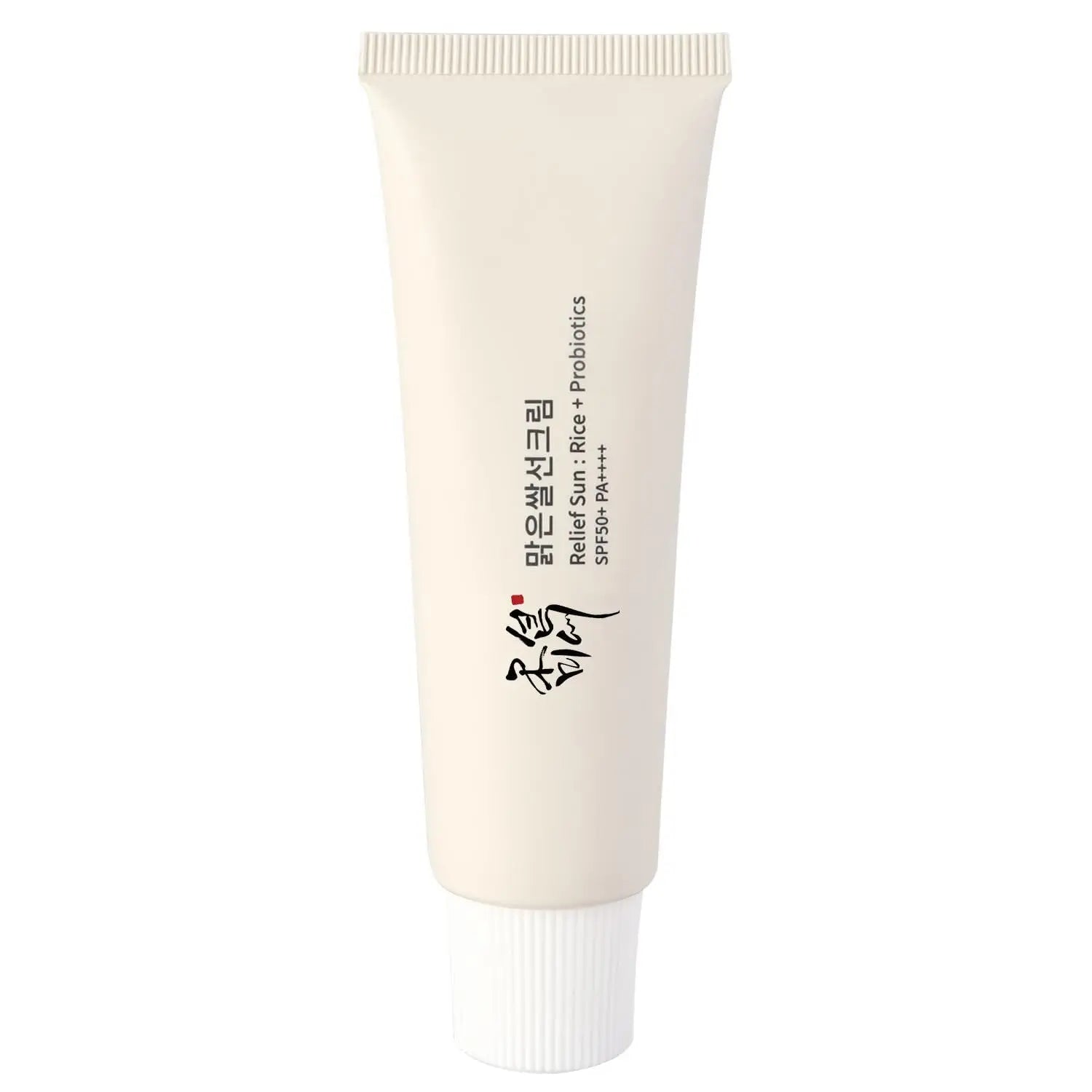 Beauty of Joseon Relief Sun : Rice + Probiotics 50ml sunscreen in a white squeeze tube with black Korean and English text on the front.
