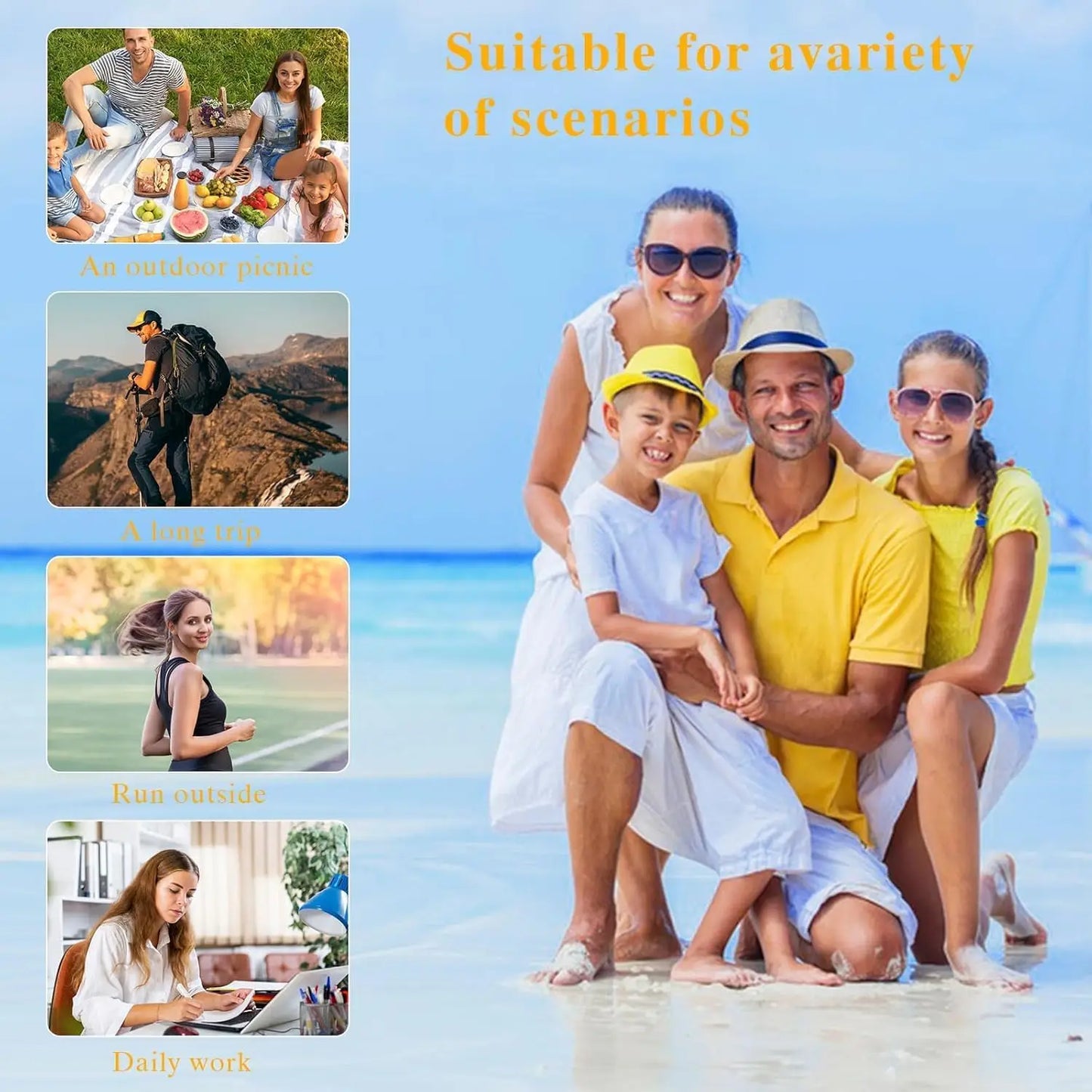 Family of four smiling on a sunny beach wearing casual summer clothes with boxes showing scenes of outdoor picnic, long trip, running outside, and daily work, promoting Beauty of Joseon Relief Sun : Rice + Probiotics 50ml suitable for various scenarios.