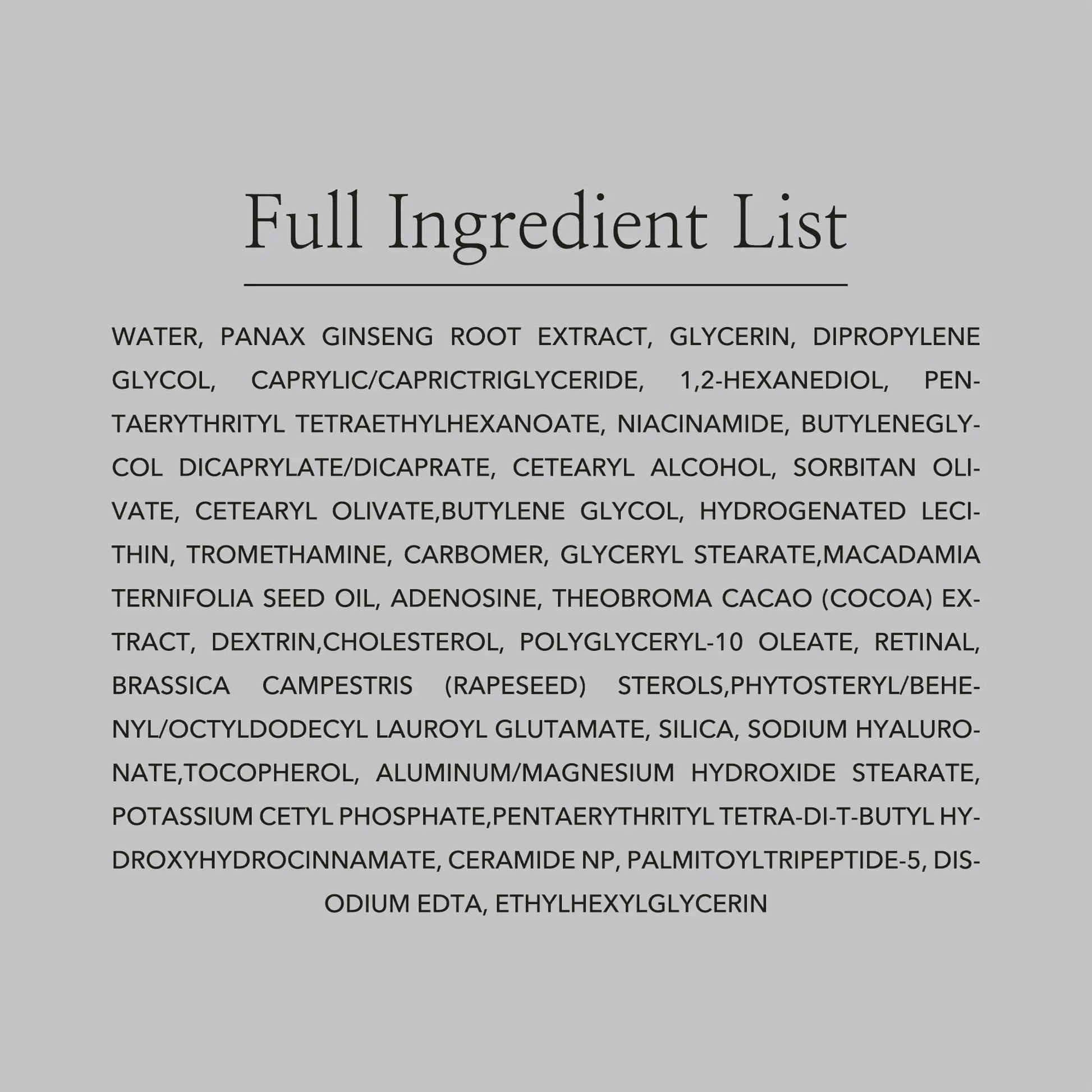 Full ingredient list for Beauty of Joseon Revive Eye Serum Ginseng and Retinal Niacinamide 30ml, including panax ginseng root extract, glycerin, niacinamide, retinal, ceramide NP, macadamia seed oil, sodium hyaluronate, tocopherol, and various moisturizing and stabilizing agents.