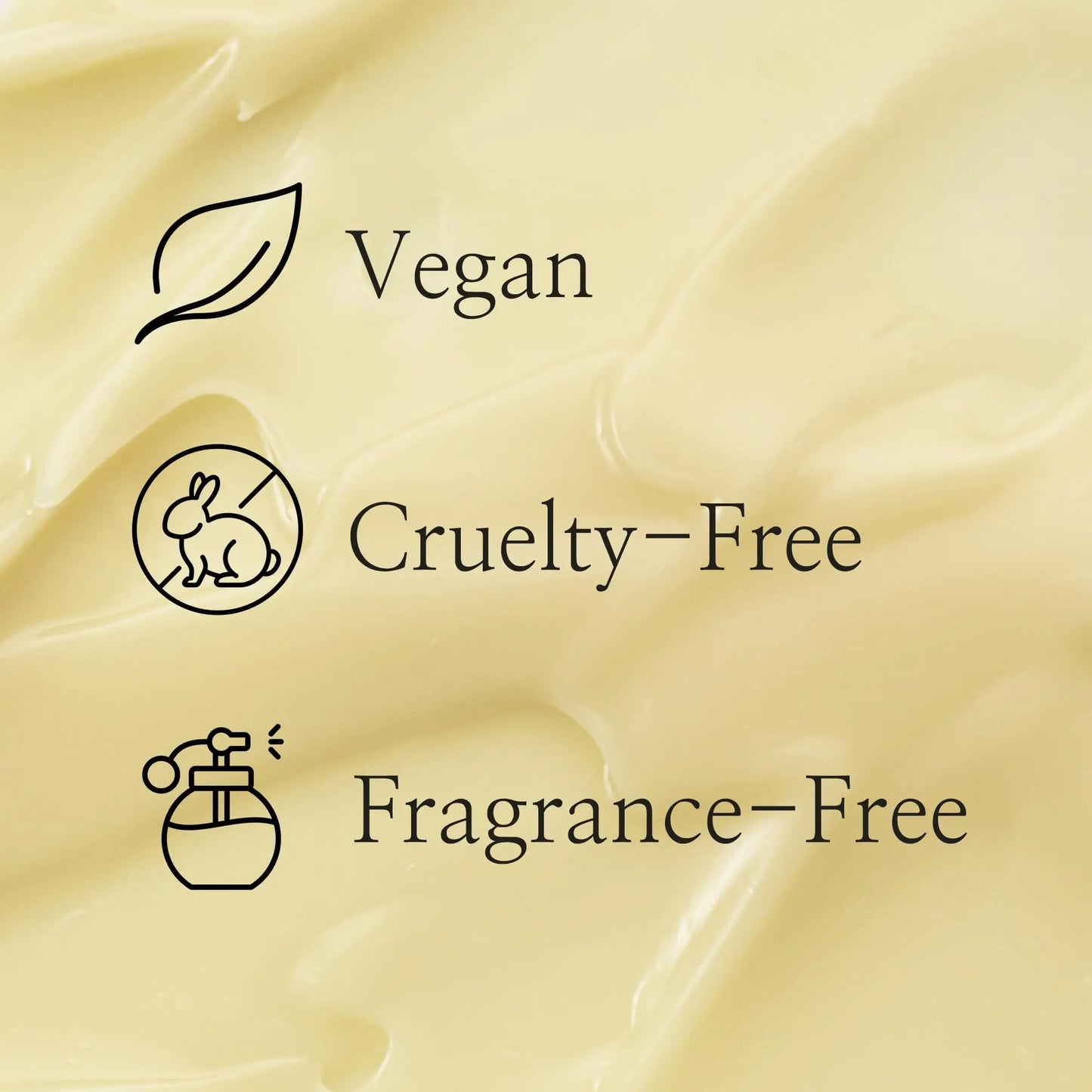 Background texture of smooth cream with overlay text and icons indicating that Beauty of Joseon Revive Eye Serum Ginseng and Retinal Niacinamide 30ml is vegan, cruelty-free, and fragrance-free.