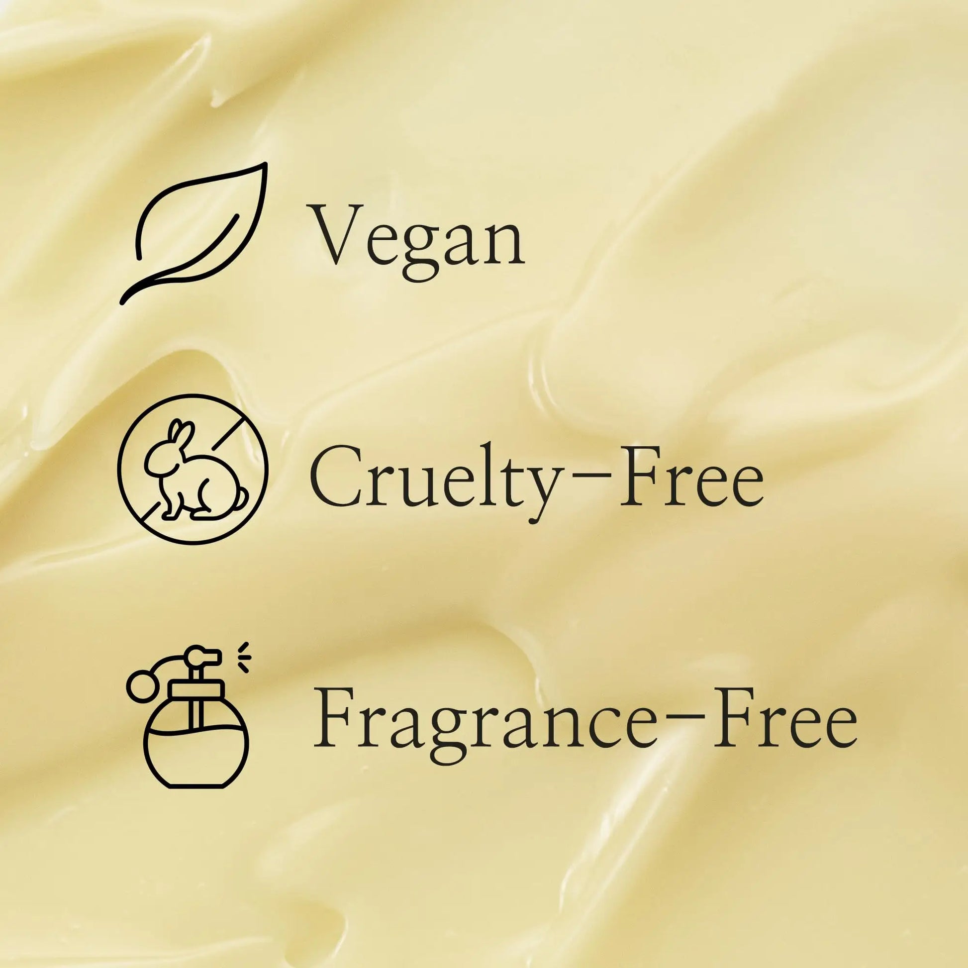 Background texture of smooth cream with overlay text and icons indicating that Beauty of Joseon Revive Eye Serum Ginseng and Retinal Niacinamide 30ml is vegan, cruelty-free, and fragrance-free.