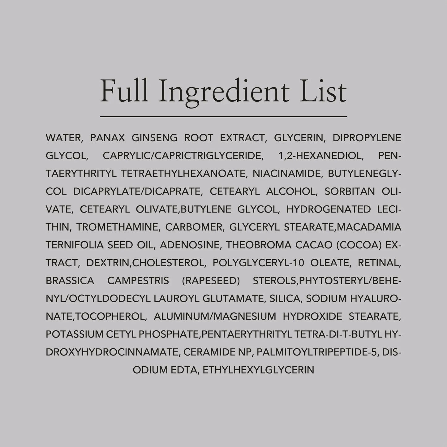 Full ingredient list for Beauty of Joseon Revive Eye Serum Ginseng and Retinal Niacinamide 30ml, including panax ginseng root extract, glycerin, niacinamide, retinal, ceramide NP, macadamia seed oil, sodium hyaluronate, tocopherol, and various moisturizing and stabilizing agents.