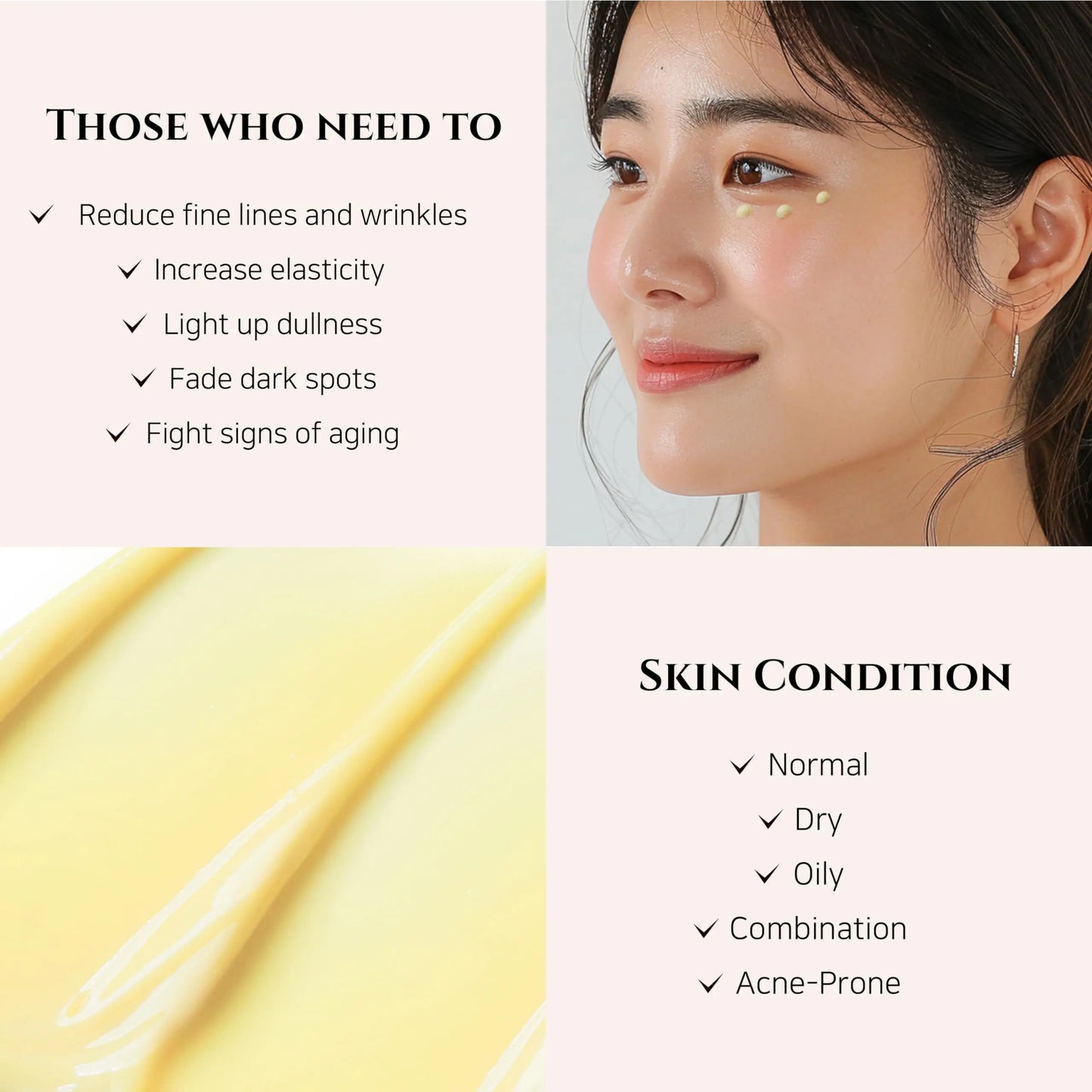 Beauty of Joseon Revive Eye Serum Ginseng and Retinal Niacinamide 30ml benefits include reducing fine lines, increasing elasticity, lightening dullness, fading dark spots, and suitable for normal, dry, oily, combination, and acne-prone skin.