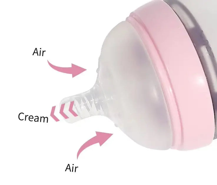 Close-up of a pink silicone teat showing adjustable flow with labeled air vents and cream, part of the BPA Free Anti Colic Silicone Breastfeeding Bottle. 150 ml Bottle with Adjustable Flow Teat + 250 ml Bottle with Adjustable Flow Teat for Baby Milk and Breastfee.