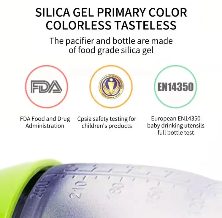 Close-up of a BPA Free Anti Colic Silicone Breastfeeding Bottle. 150 ml Bottle with Adjustable Flow Teat + 250 ml Bottle with Adjustable Flow Teat for Baby Milk and Breastfee showing FDA, Cpsia, and European EN14350 safety certifications, highlighting food-grade silica gel material.
