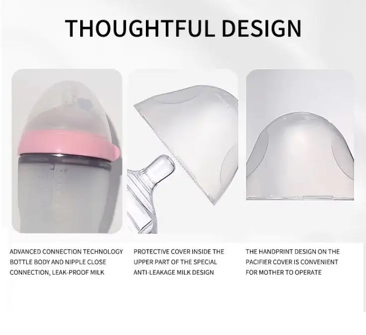 Close-up images of a BPA Free Anti Colic Silicone Breastfeeding Bottle. 150 ml Bottle with Adjustable Flow Teat + 250 ml Bottle with Adjustable Flow Teat for Baby Milk and Breastfee, showing advanced connection technology, protective milk cover, and ergonomic handprint design on the pacifier cover.