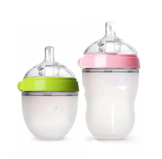 BPA Free Anti Colic Silicone Breastfeeding Bottle. 150 ml Bottle with Adjustable Flow Teat and 250 ml Bottle with Adjustable Flow Teat for Baby Milk and Breastfee in green and pink accents