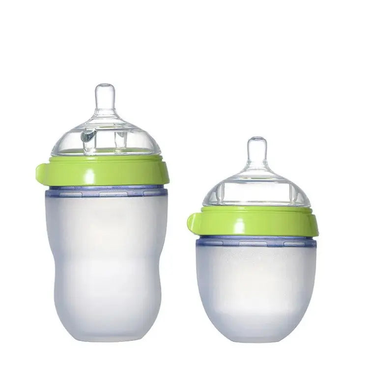 BPA Free Anti Colic Silicone Breastfeeding Bottle. 150 ml Bottle with Adjustable Flow Teat + 250 ml Bottle with Adjustable Flow Teat for Baby Milk and Breastfee with green ring caps and clear nipples.