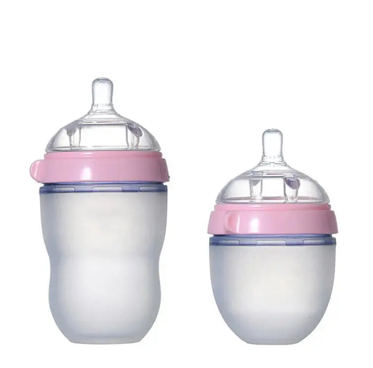 BPA Free Anti Colic Silicone Breastfeeding Bottle. 150 ml Bottle with Adjustable Flow Teat + 250 ml Bottle with Adjustable Flow Teat for Baby Milk and Breastfee shown with pink rings and clear silicone nipples.