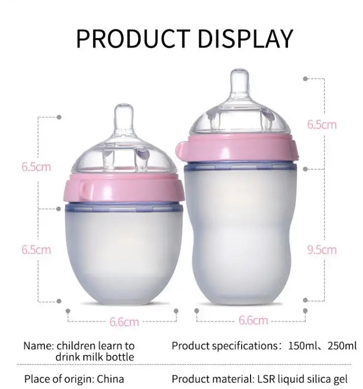 BPA Free Anti Colic Silicone Breastfeeding Bottle. 150 ml Bottle with Adjustable Flow Teat + 250 ml Bottle with Adjustable Flow Teat for Baby Milk and Breastfee showing two transparent bottles with pink collars and measurements for height and width.
