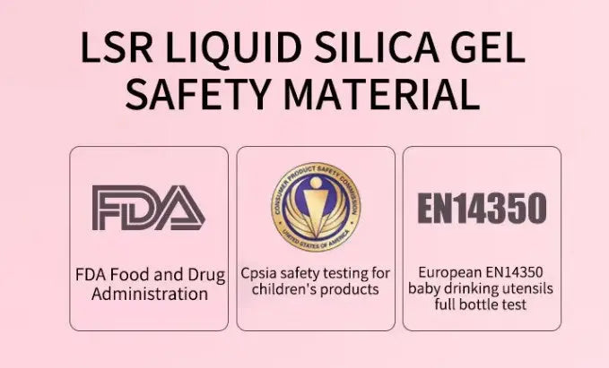 Certification icons for FDA Food and Drug Administration, CPSIA safety testing for children's products, and European EN14350 baby drinking utensils full bottle test, related to BPA Free Anti Colic Silicone Breastfeeding Bottle. 150 ml Bottle with Adjustable Flow Teat + 250 ml Bottle with Adjustable Flow Teat for Baby Milk and Breastfee.