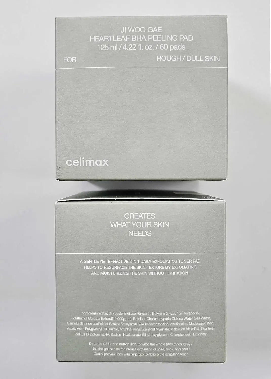 Box packaging of celimax Ji.Woo.Gae Heartleaf BHA Peeling Pad (60 Pads) showing details about gentle exfoliating toner pads for rough and dull skin, with usage instructions and ingredients.