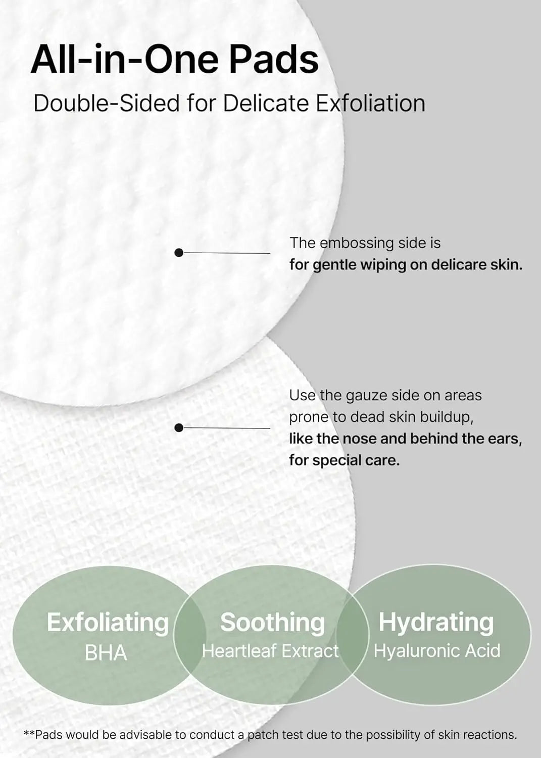 Close-up of two double-sided exfoliating pads highlighting the embossed and gauze textures with text describing gentle wiping for delicate skin and targeted care, promoting celimax Ji.Woo.Gae Heartleaf BHA Peeling Pad (60 Pads) features.