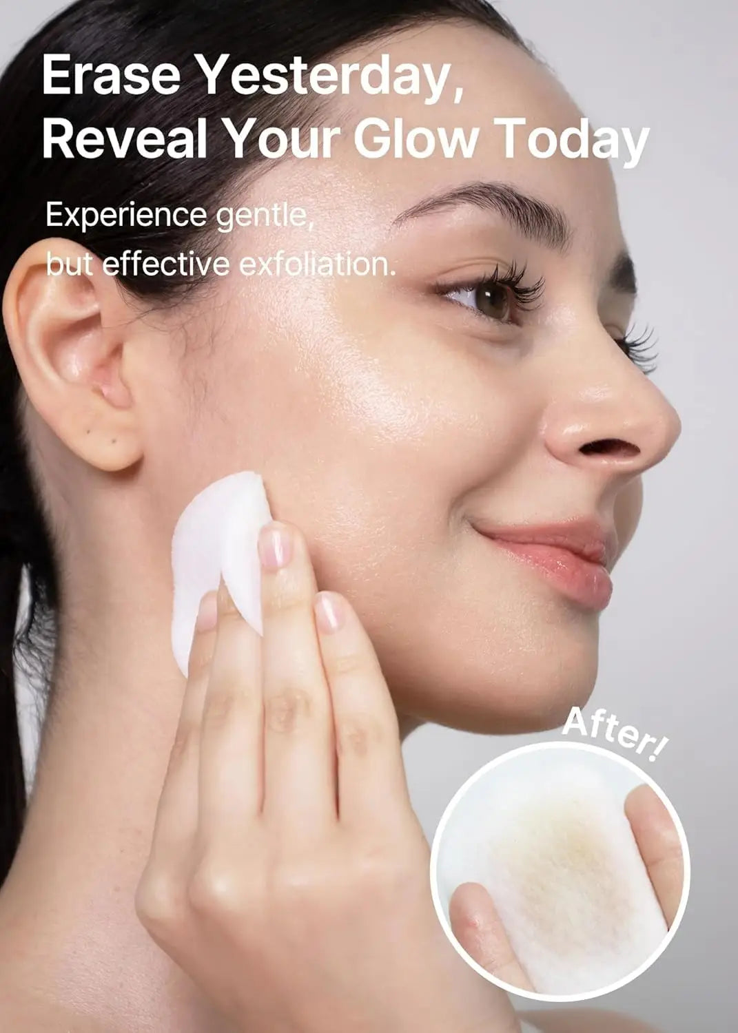 Woman using celimax Ji.Woo.Gae Heartleaf BHA Peeling Pad (60 Pads) on her cheek showing gentle exfoliation and glowing skin with an inset of the used peeling pad.
