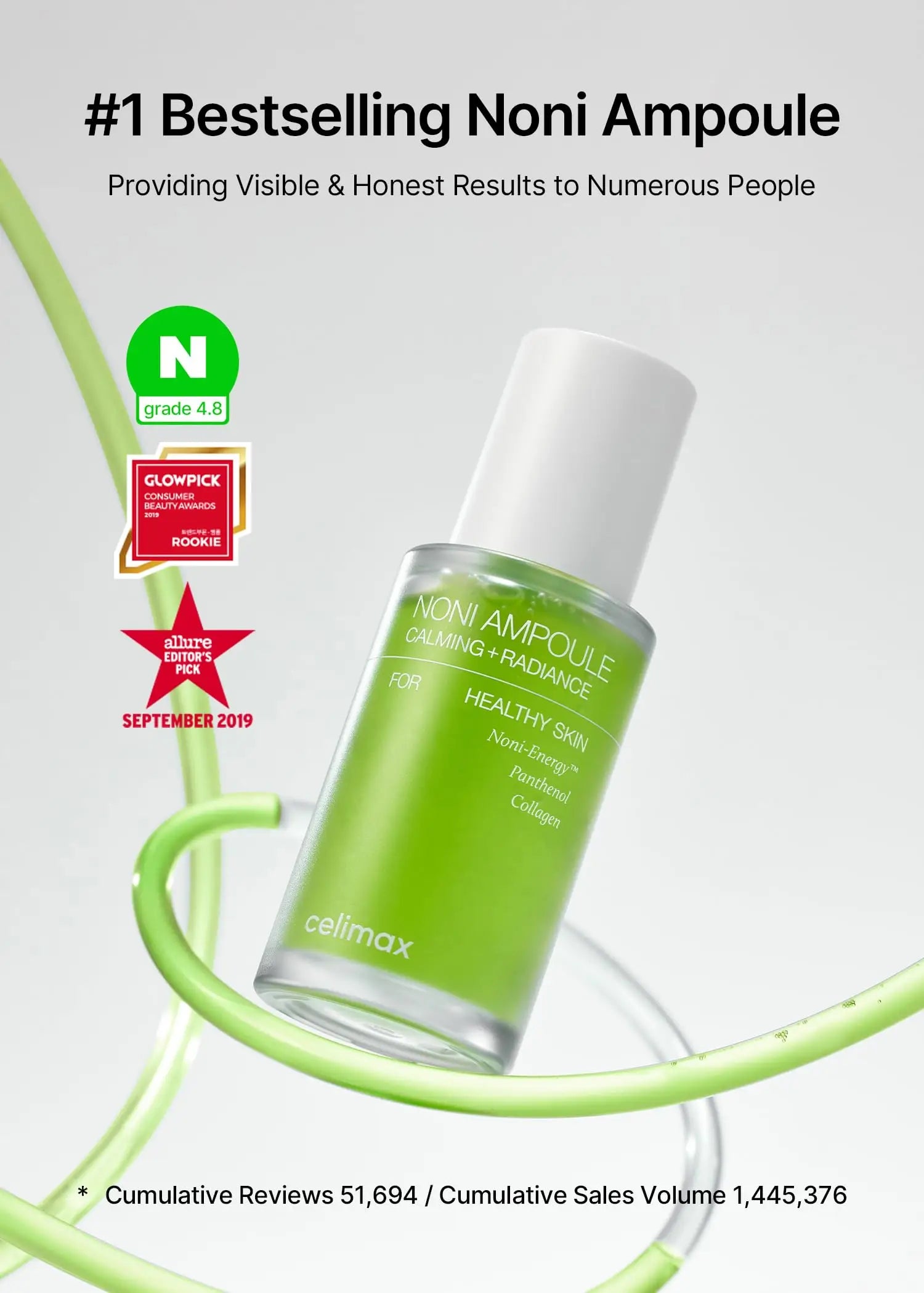 celimax Noni Energy Ampoule 30ml green glass bottle with white cap floating inside a green liquid swirl, highlighting its calming and radiance benefits for healthy skin with award badges and customer reviews displayed above and below the product.