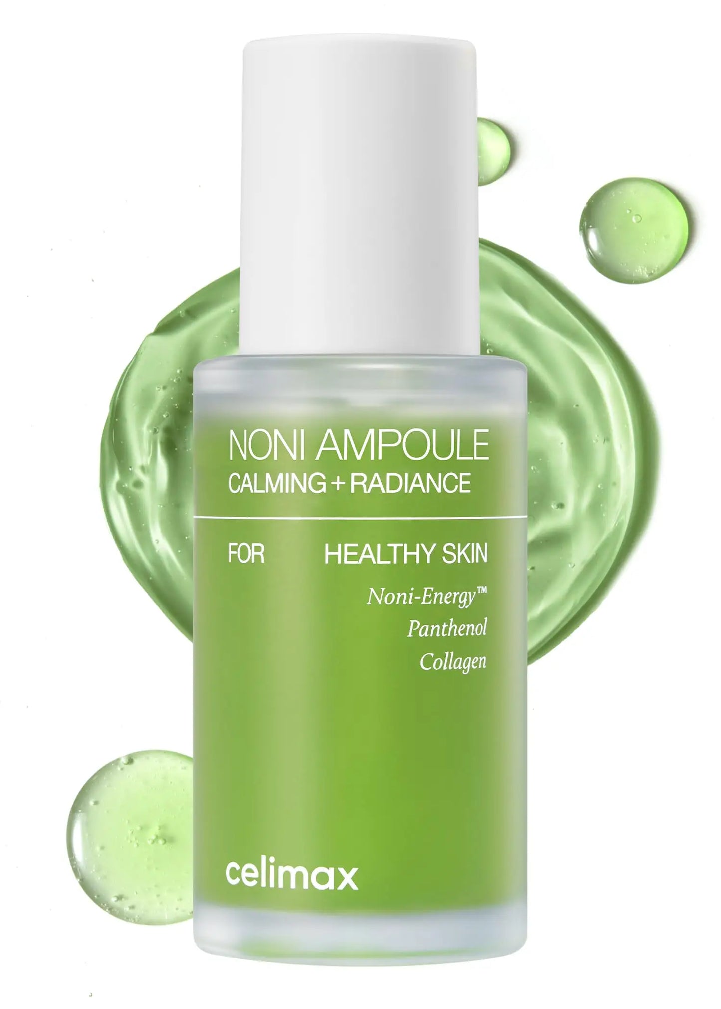 celimax Noni Energy Ampoule 30ml bottle with green serum and droplets, promoting calming and radiance for healthy skin with Noni-Energy, panthenol, and collagen.