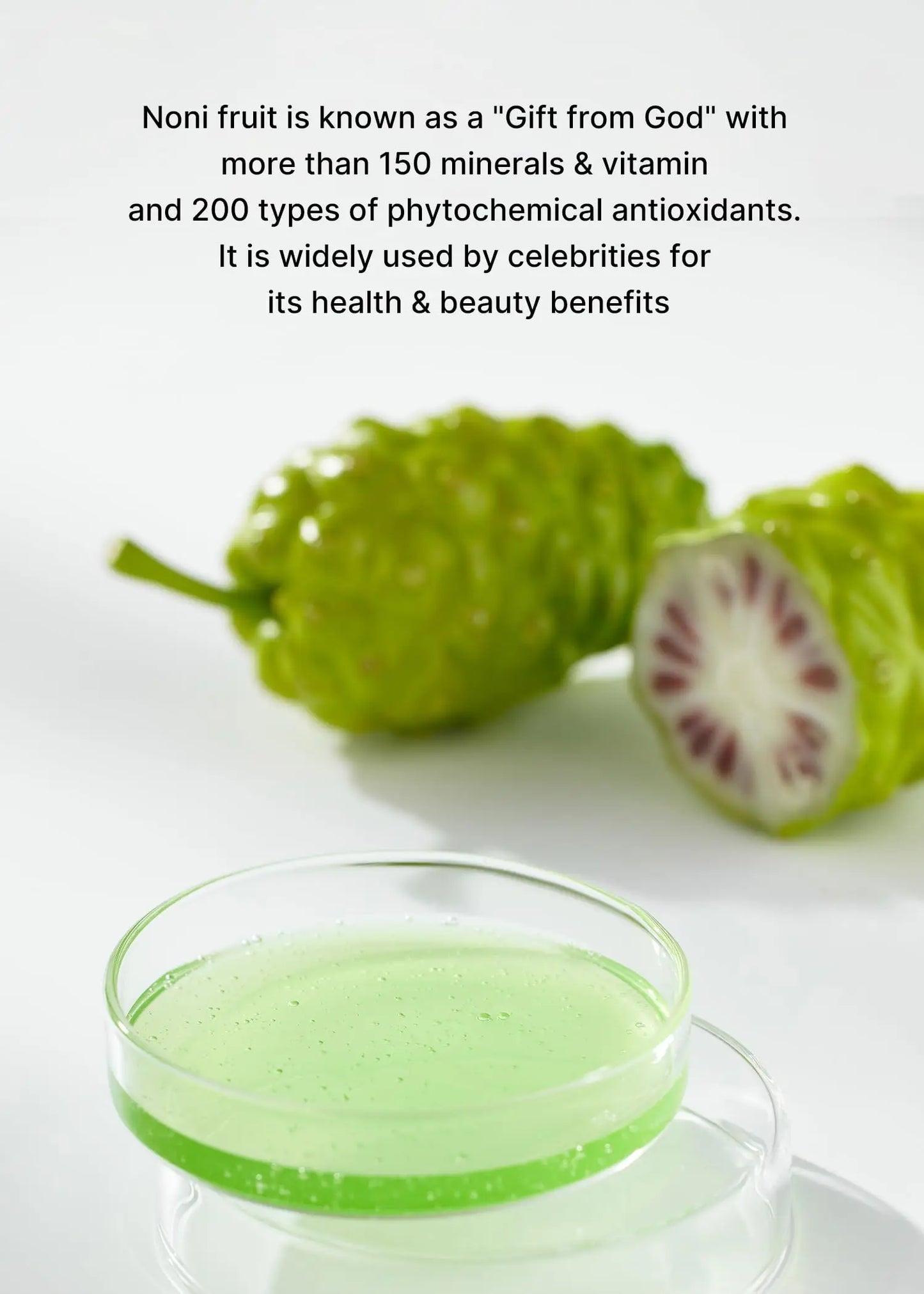 Close-up of green noni fruit and a clear petri dish with green liquid, highlighting health and beauty benefits of celimax Noni Energy Ampoule 30ml.
