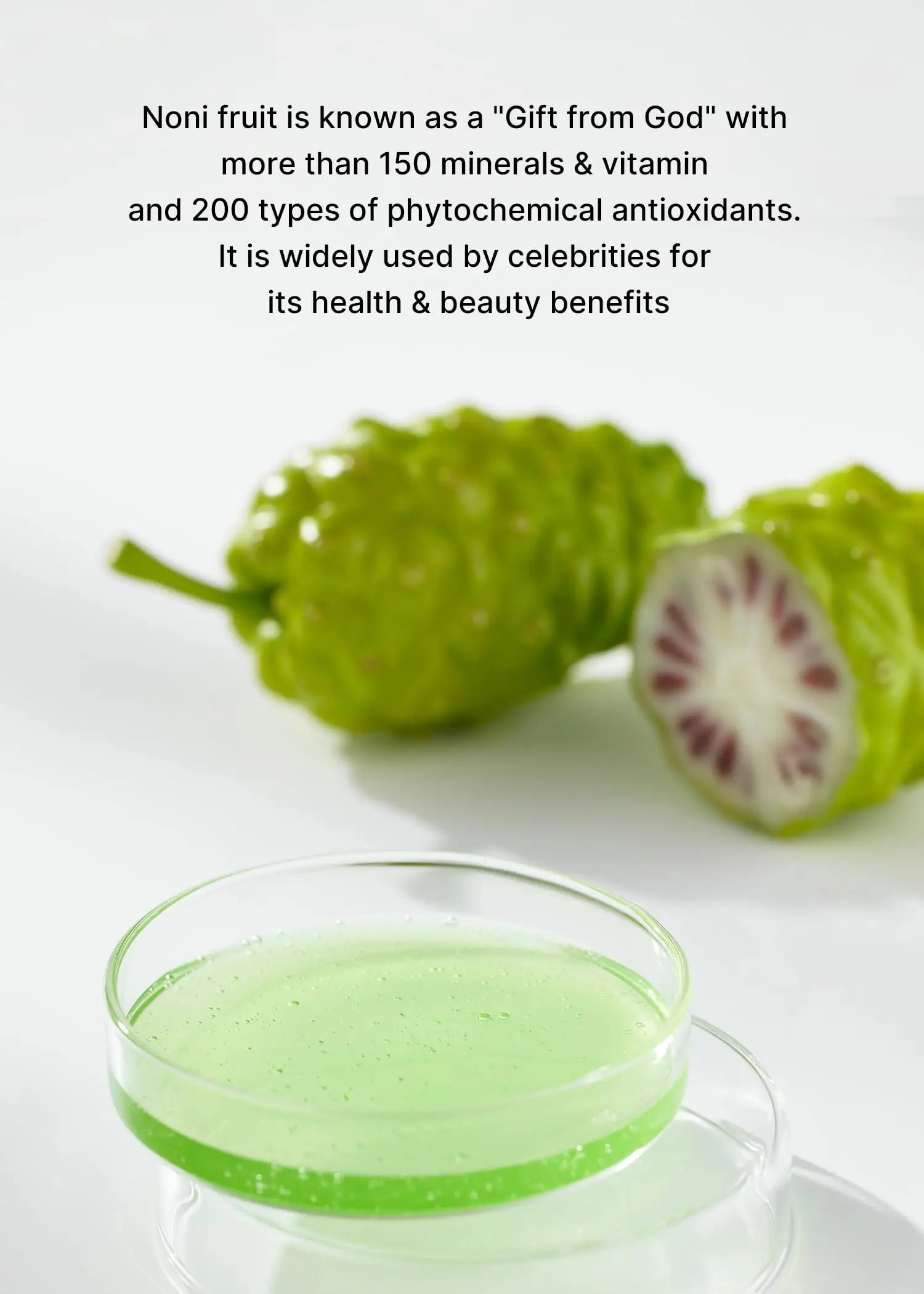 Close-up of green noni fruit and a clear petri dish with green liquid, highlighting health and beauty benefits of celimax Noni Energy Ampoule 30ml.