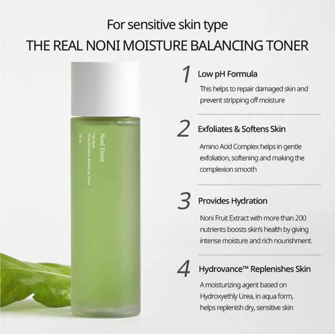 celimax Noni Moisture Balancing Toner 150ml bottle with key benefits listed including low pH formula, exfoliates and softens skin, provides hydration, and replenishes dry, sensitive skin.