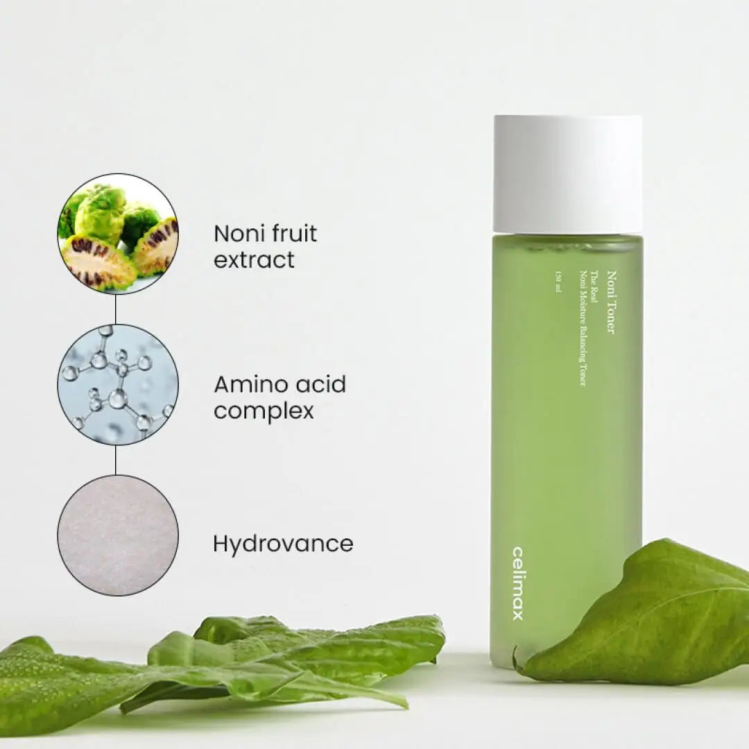 celimax Noni Moisture Balancing Toner 150ml bottle beside fresh green leaves with illustrations highlighting key ingredients including noni fruit extract, amino acid complex, and hydrovance for skin hydration.