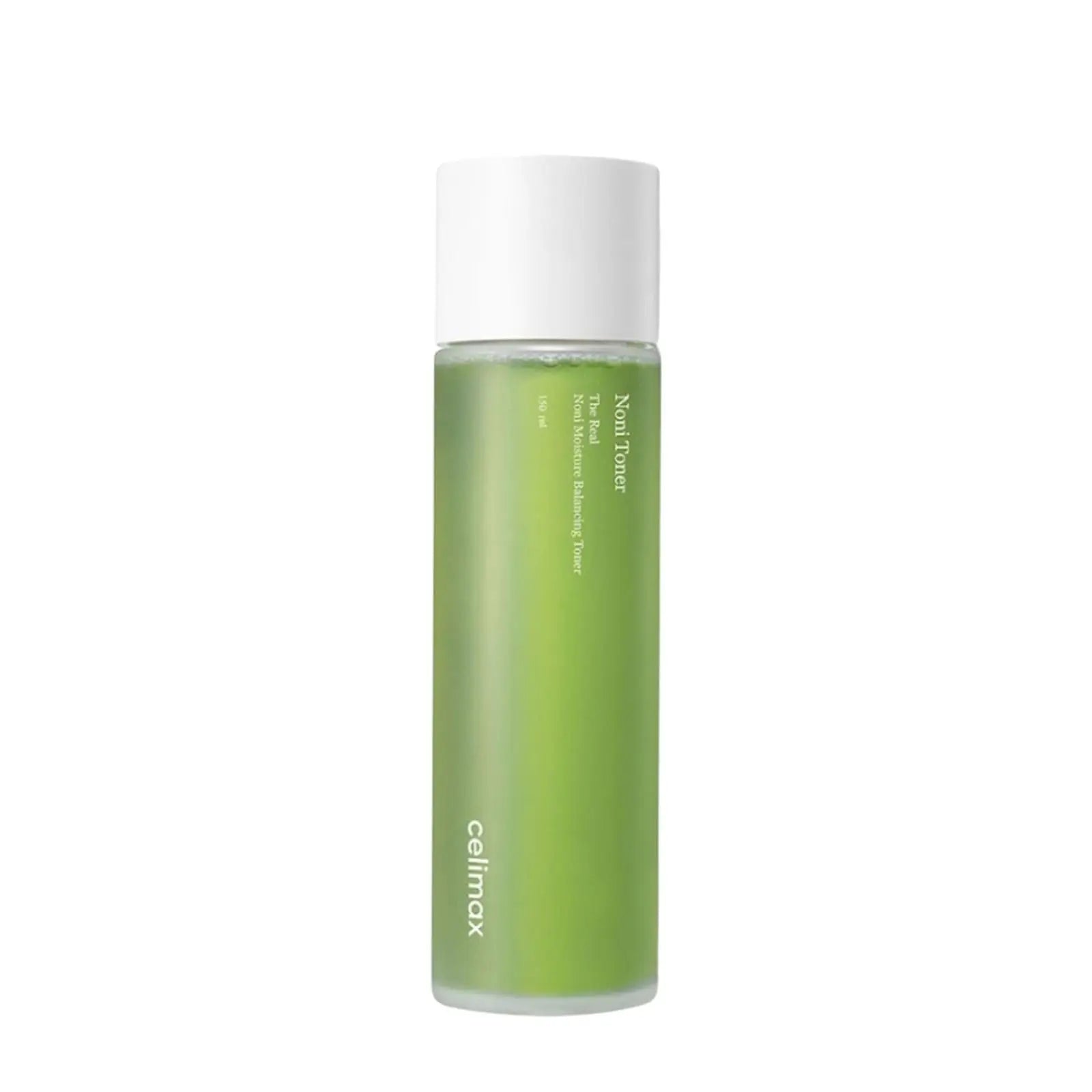celimax Noni Moisture Balancing Toner 150ml in a sleek translucent green bottle with a white cap, designed for deep hydration and skin balancing.