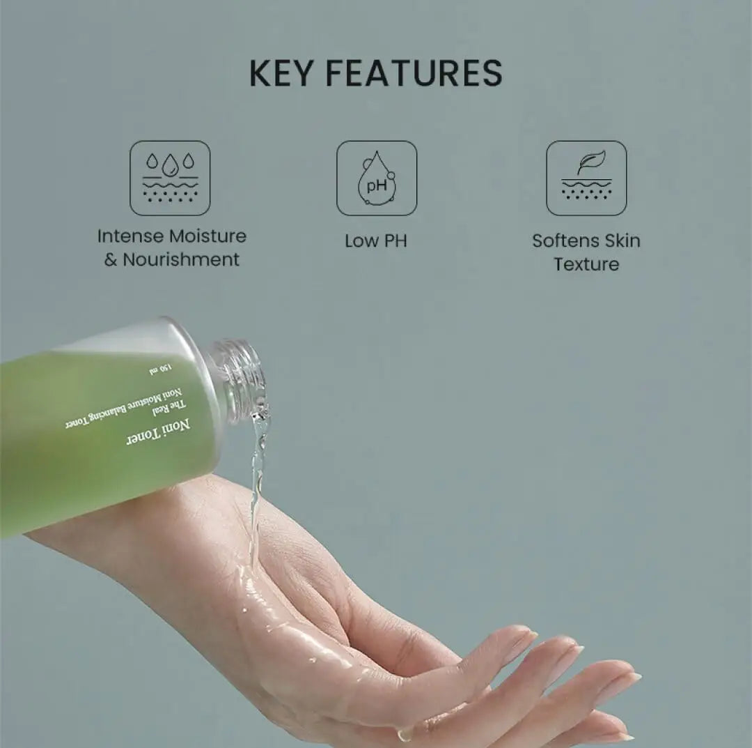 Hand pouring celimax Noni Moisture Balancing Toner 150ml showing clear liquid with icons highlighting key features of intense moisture and nourishment, low pH, and softens skin texture.