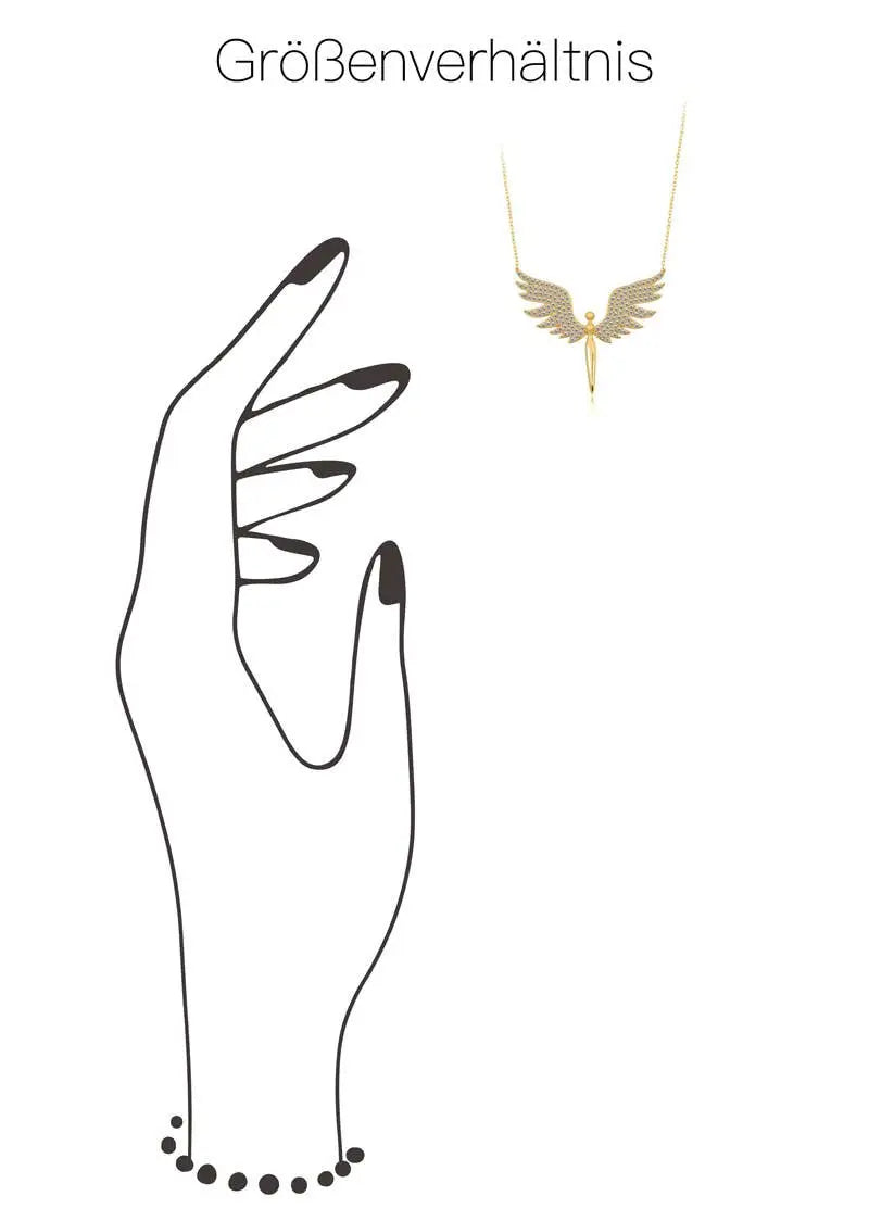 Illustration showing size comparison of a delicate gold angel pendant necklace worn near an outlined hand with painted nails, featuring the product title "Einzelstück - 14K Gold Plated Angel Necklace - Angel Gold Necklace - Gold Necklaces Gift for Women".