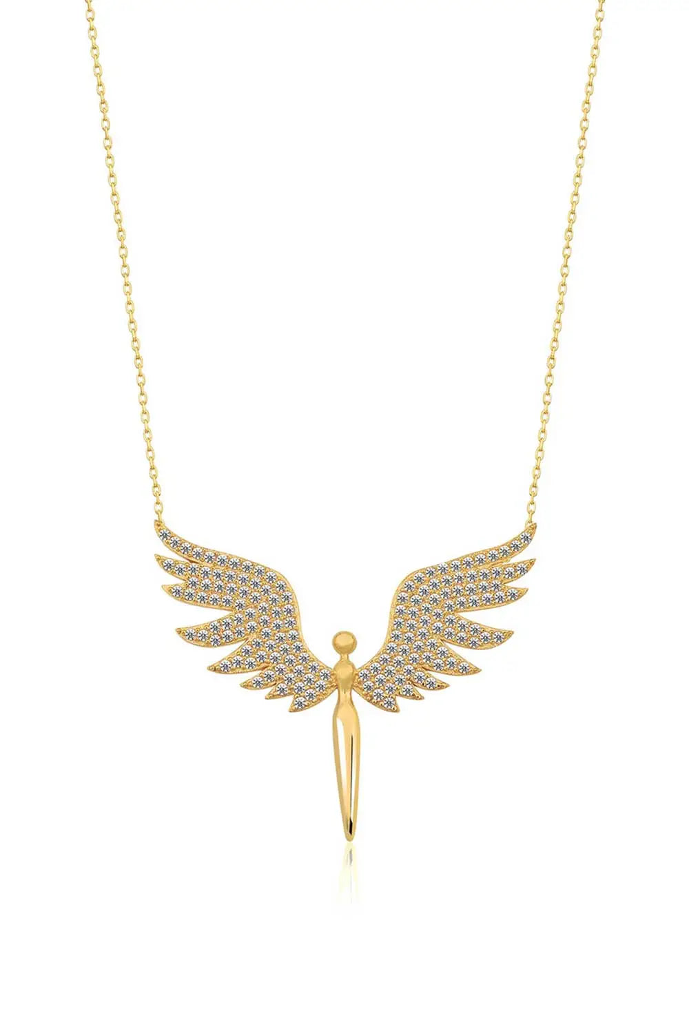 Einzelstück - 14K Gold Plated Angel Necklace - Angel Gold Necklace - Gold Necklaces Gift for Women featuring a delicate gold chain with a sparkling angel pendant adorned with detailed wings studded with small crystals.