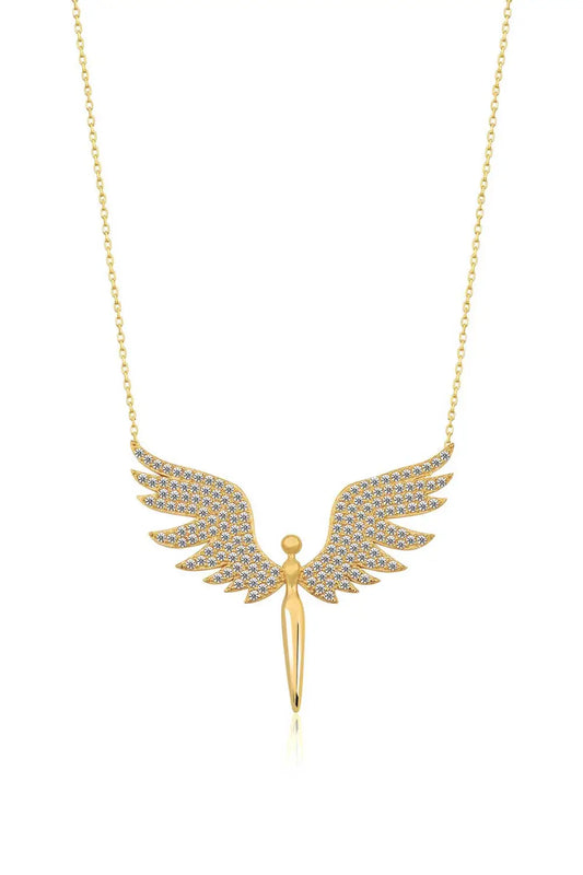Einzelstück - 14K Gold Plated Angel Necklace - Angel Gold Necklace - Gold Necklaces Gift for Women featuring a delicate gold chain with a sparkling angel pendant adorned with detailed wings studded with small crystals.