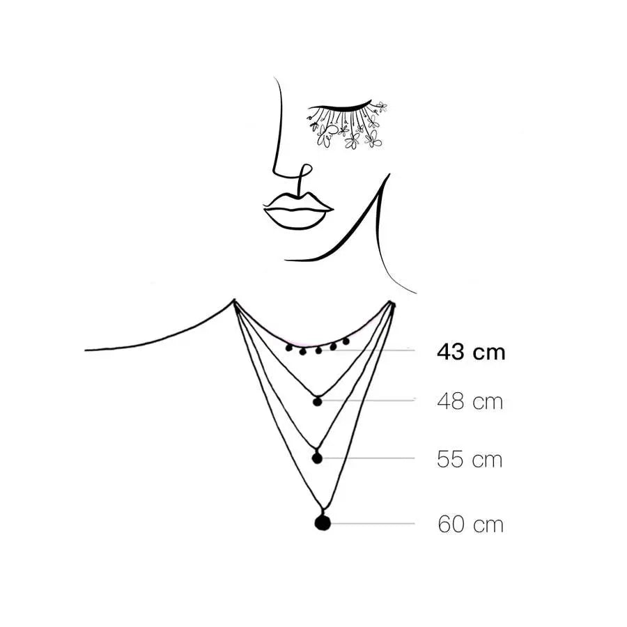 Diagram showing layered necklace lengths measuring 43 cm, 48 cm, 55 cm, and 60 cm for Einzelstück - 14K Gold Plated Evil Eye Rose Gold Necklace - Evil Eye Rose Gold Necklace - Rose Gold Necklaces Gift for Women.