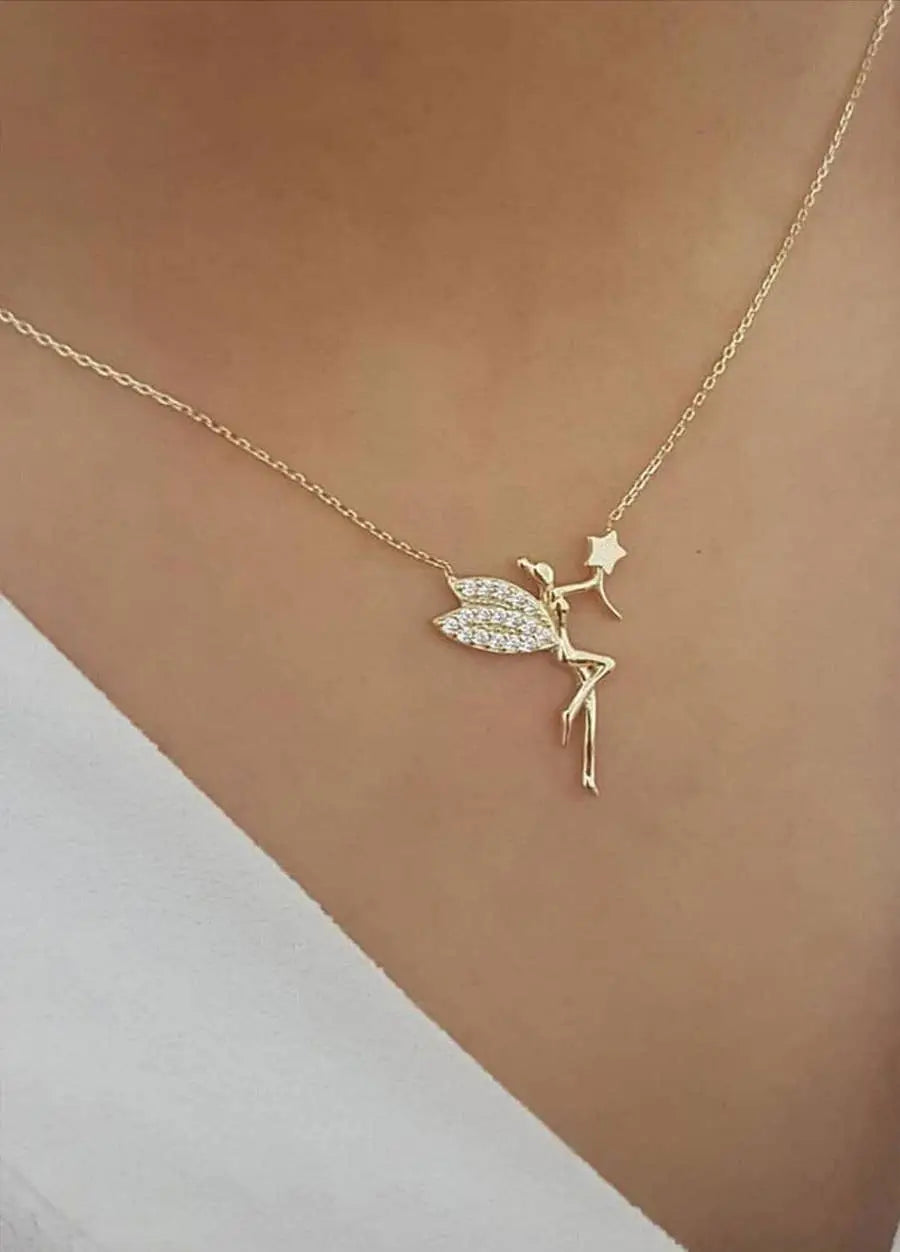 Delicate Einzelstück - 14K Gold Plated Fairy Necklace - Fairy Gold Necklace - Gold Necklaces Gift for Women featuring a detailed fairy pendant with sparkling wings on a fine gold chain.
